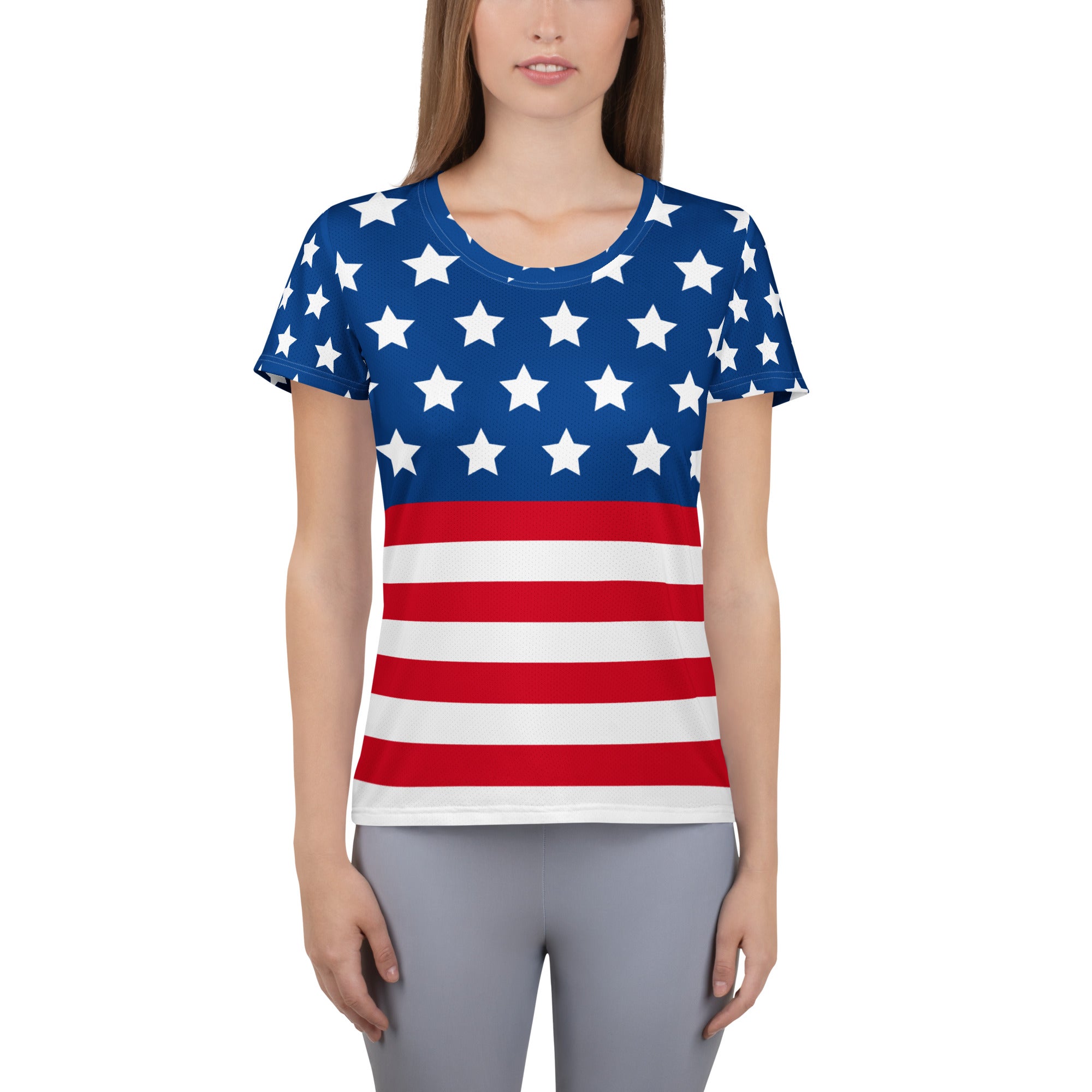 Women’s USA Flag Performance Athletic T-Shirt - Lightweight Moisture Wicking Workout Top with UPF 50+