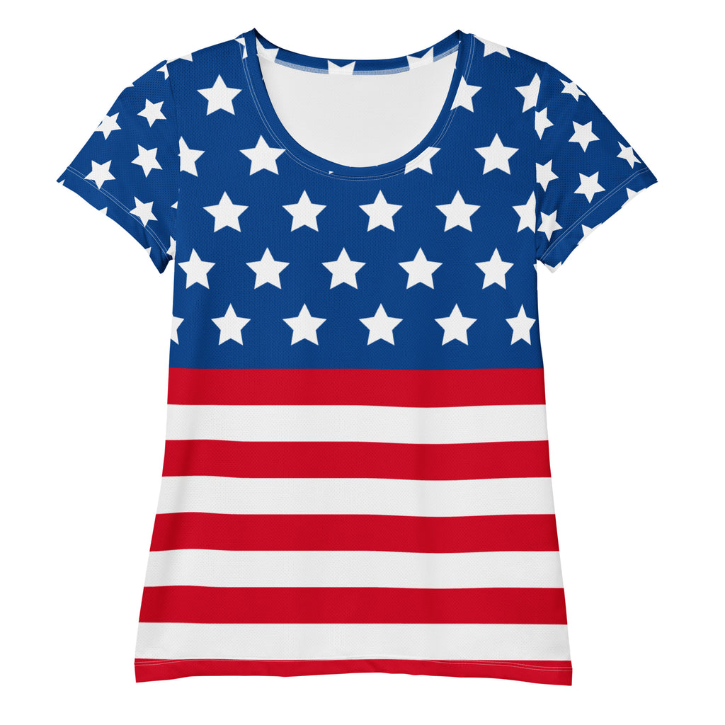 Women’s USA Flag Performance Athletic T-Shirt - Lightweight Moisture Wicking Workout Top with UPF 50+