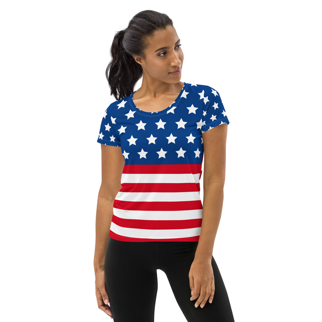 Women’s USA Flag Performance Athletic T-Shirt - Lightweight Moisture Wicking Workout Top with UPF 50+