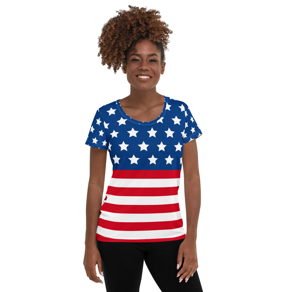 Women’s USA Flag Performance Athletic T-Shirt - Lightweight Moisture Wicking Workout Top with UPF 50+