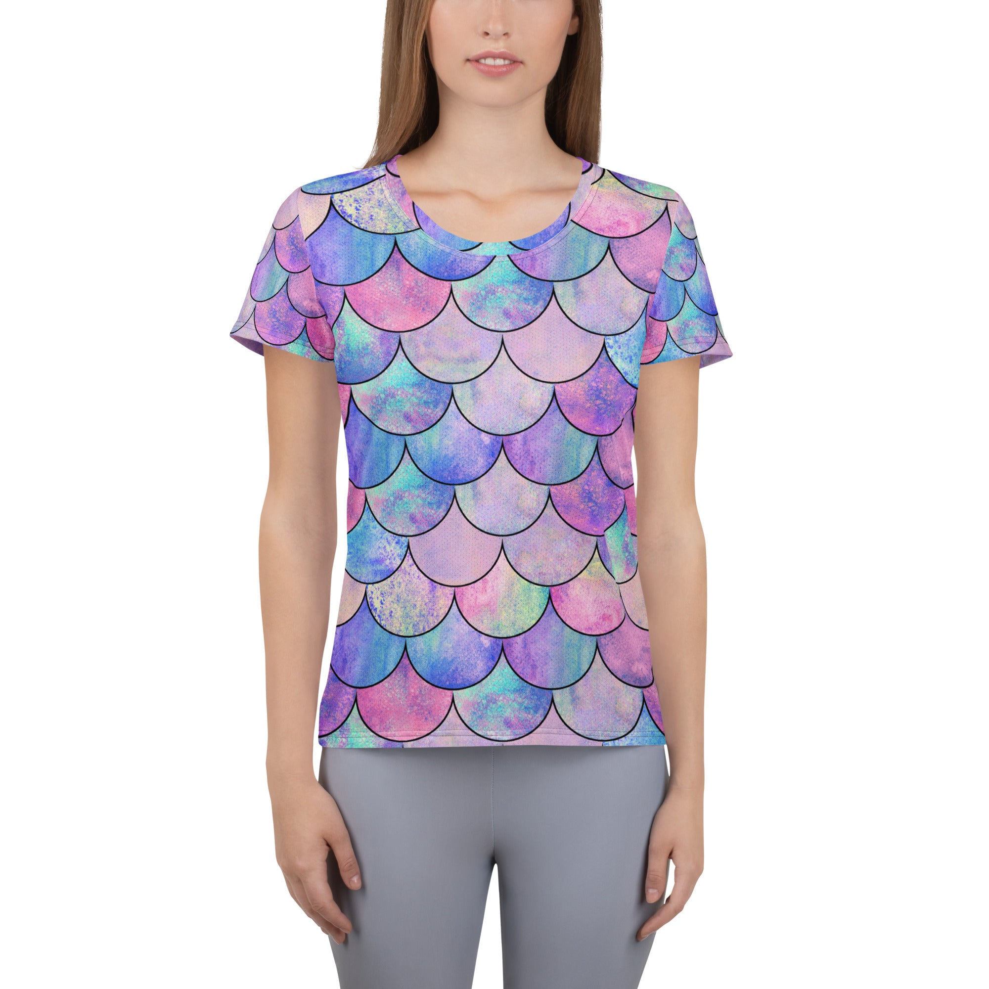 Women’s Pastel Mermaid Performance Athletic T-Shirt - Lightweight Moisture Wicking Workout Top with UPF 50+