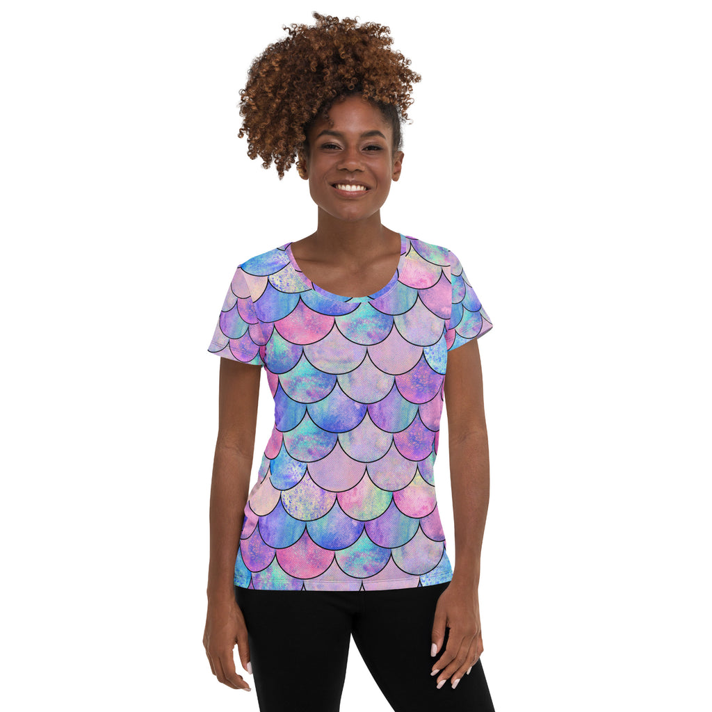 Women’s Pastel Mermaid Performance Athletic T-Shirt - Lightweight Moisture Wicking Workout Top with UPF 50+