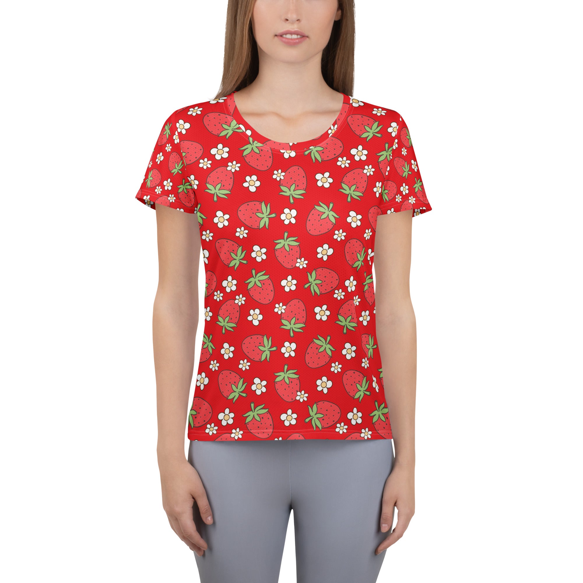Women’s Strawberry Daisy Performance Athletic T-Shirt - Lightweight Moisture Wicking Workout Top with UPF 50+