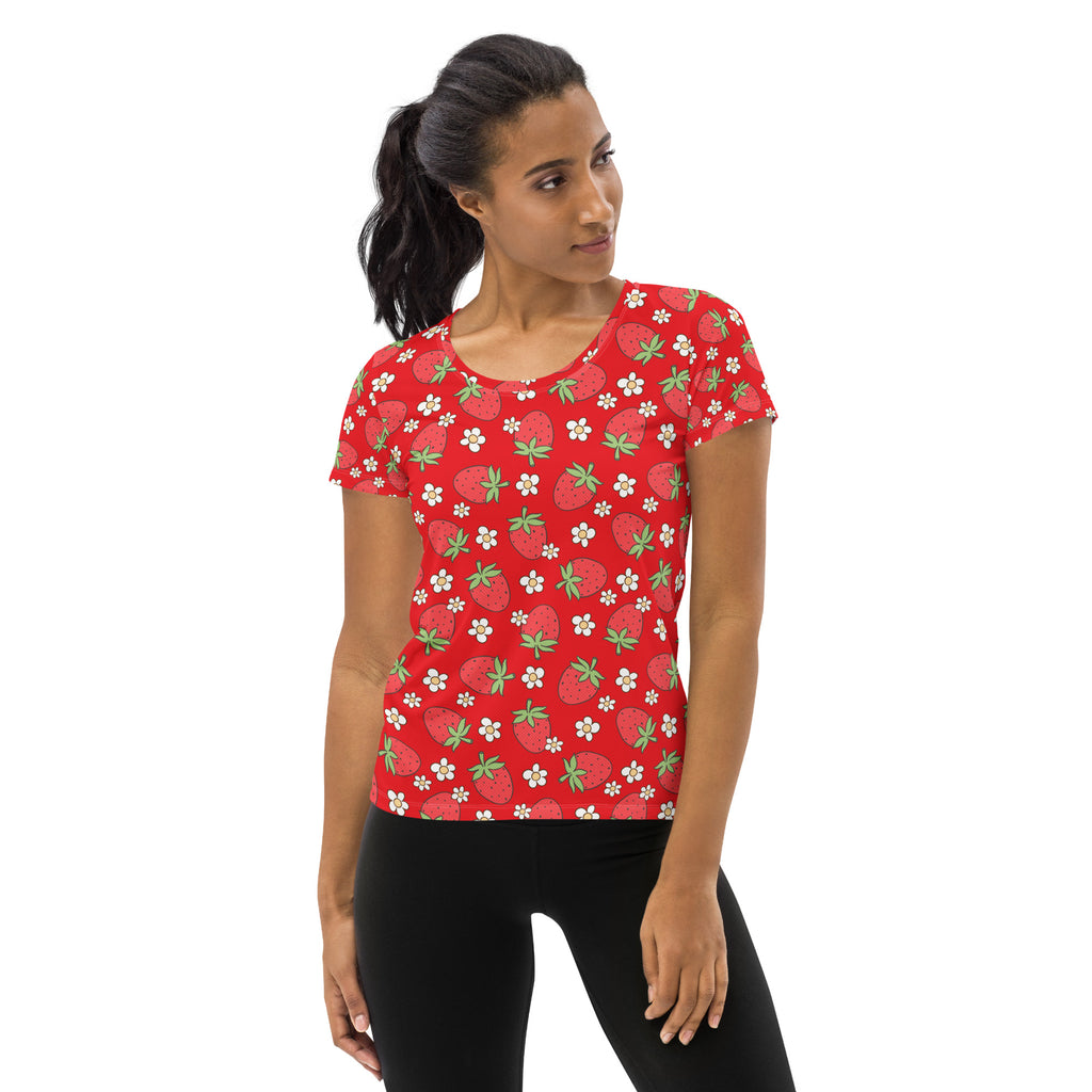 Women’s Strawberry Daisy Performance Athletic T-Shirt - Lightweight Moisture Wicking Workout Top with UPF 50+