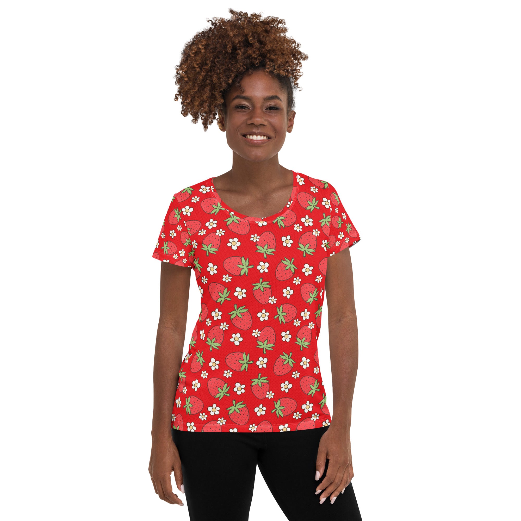 Women’s Strawberry Daisy Performance Athletic T-Shirt - Lightweight Moisture Wicking Workout Top with UPF 50+