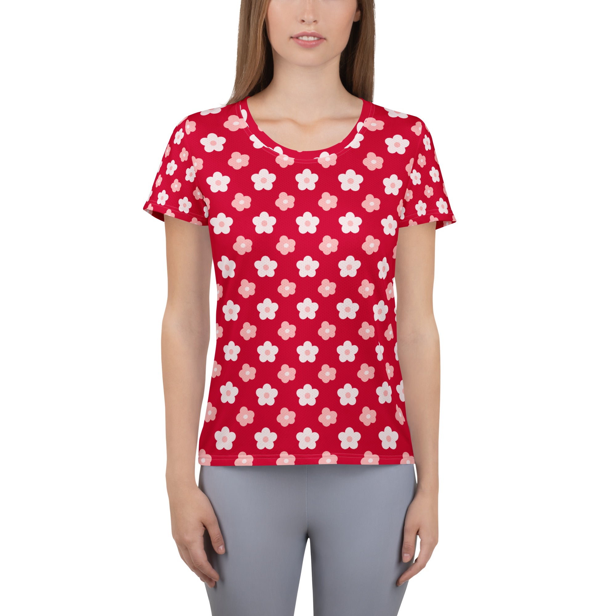 Women’s ed & Pink Floral Performance Athletic T-Shirt - Lightweight Moisture Wicking Workout Top with UPF 50+