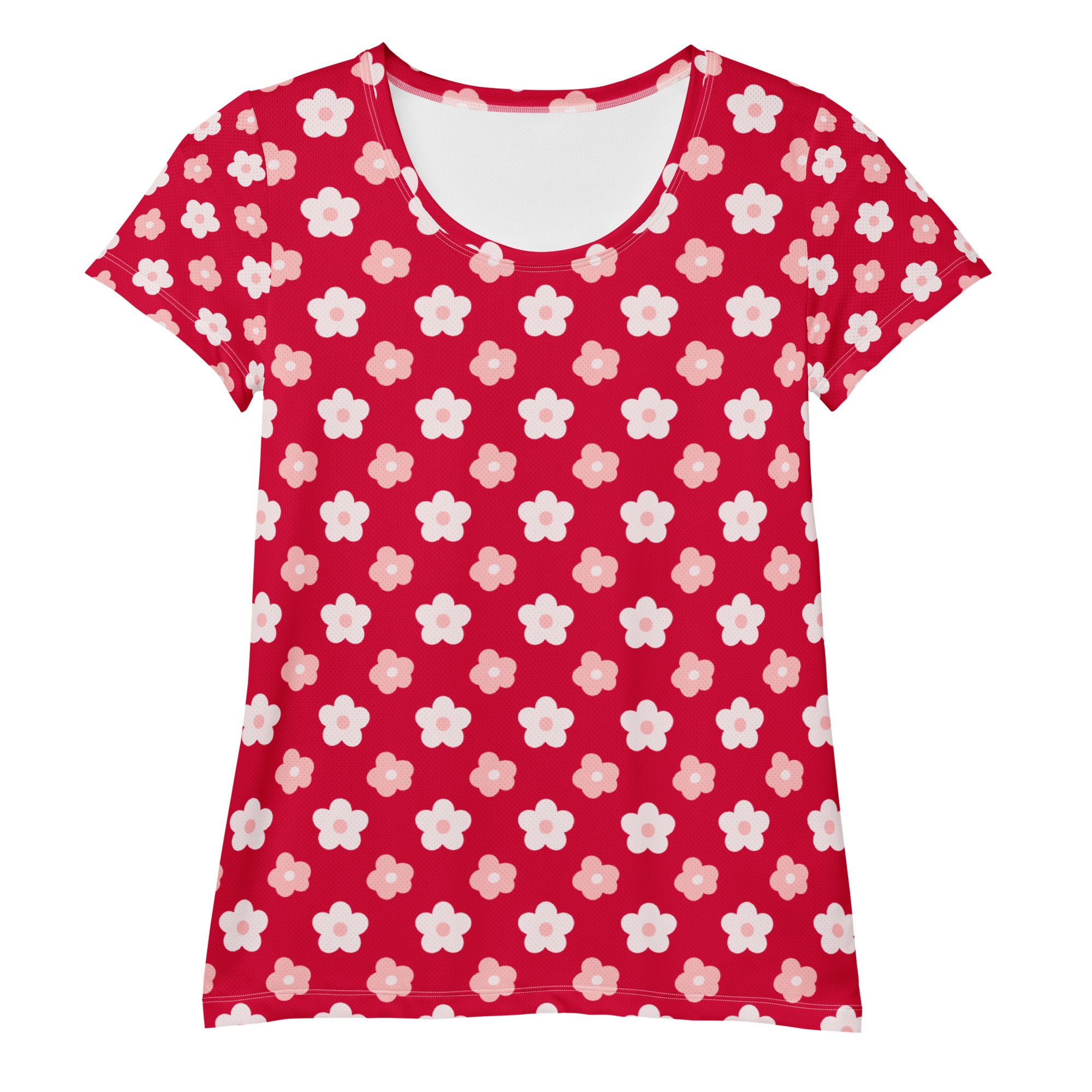 Women’s ed & Pink Floral Performance Athletic T-Shirt - Lightweight Moisture Wicking Workout Top with UPF 50+