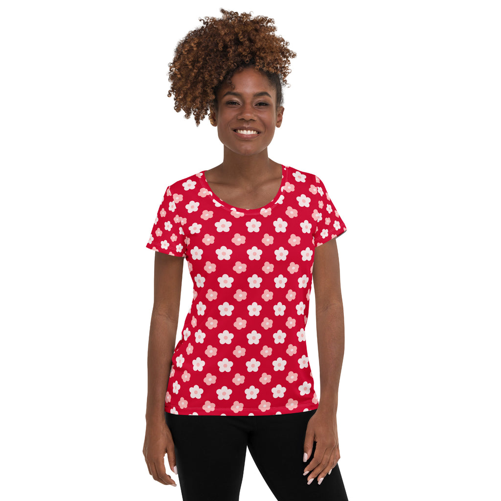 Women’s ed & Pink Floral Performance Athletic T-Shirt - Lightweight Moisture Wicking Workout Top with UPF 50+