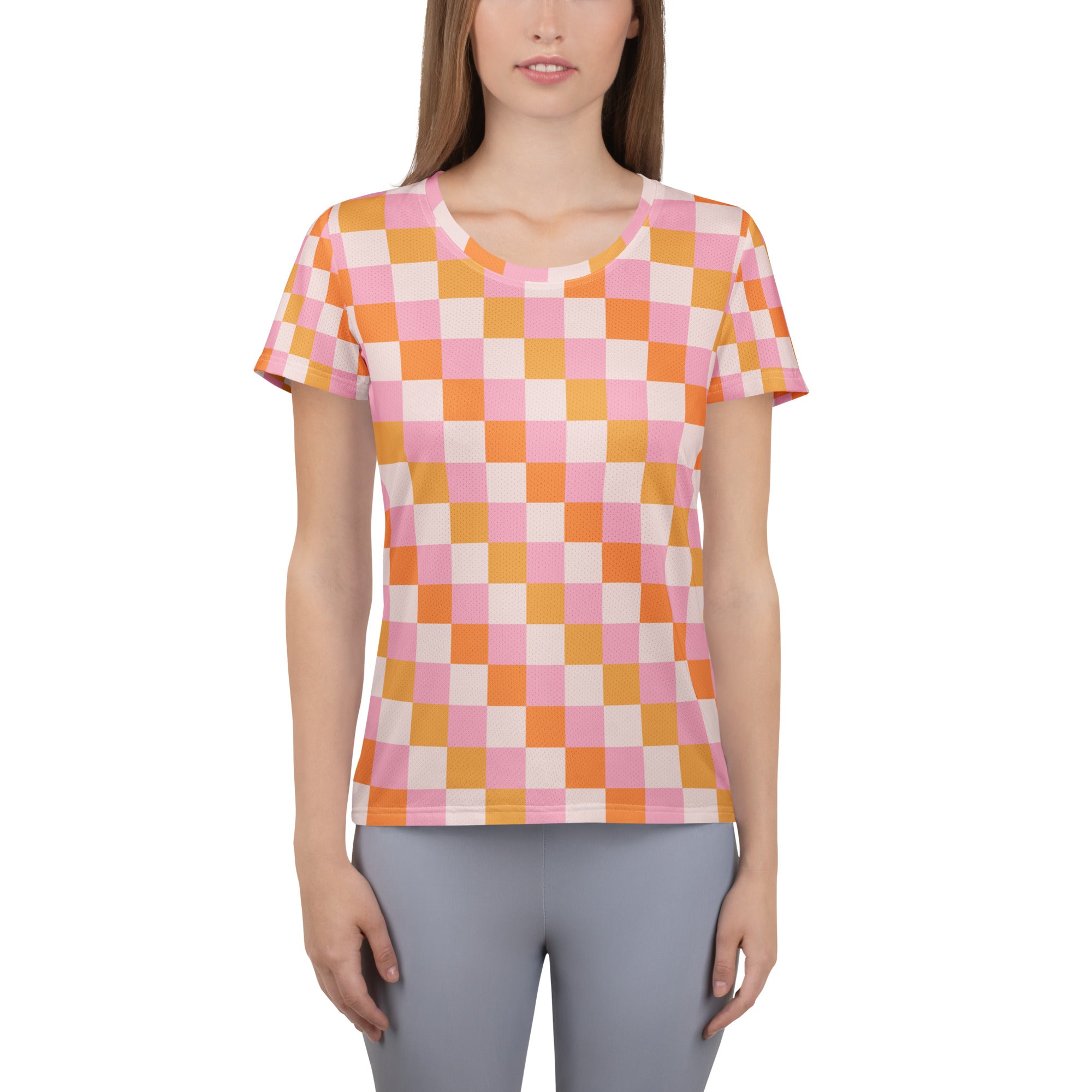 Women’s Pink & Orange Checkerboard Sunset Performance Athletic T-Shirt - Lightweight Moisture Wicking Workout Top with UPF 50+