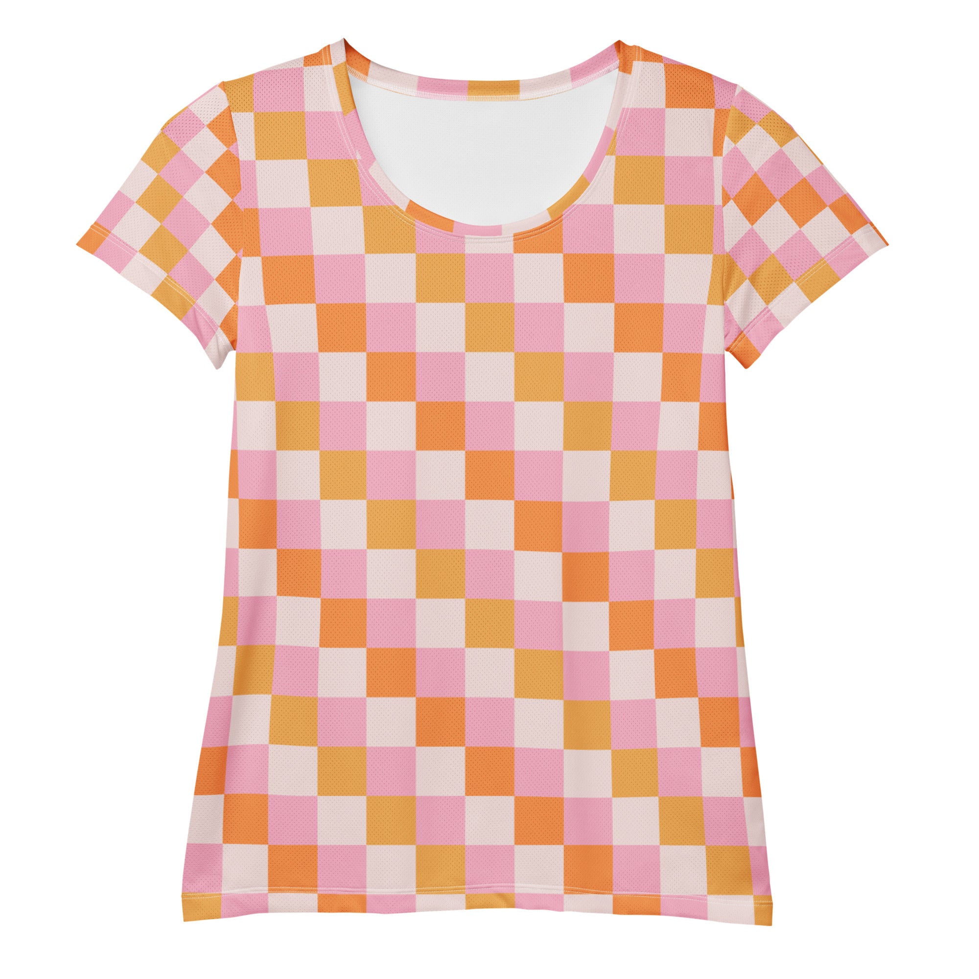 Women’s Pink & Orange Checkerboard Sunset Performance Athletic T-Shirt - Lightweight Moisture Wicking Workout Top with UPF 50+