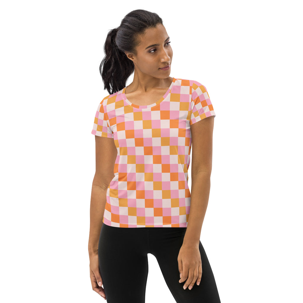 Women’s Pink & Orange Checkerboard Sunset Performance Athletic T-Shirt - Lightweight Moisture Wicking Workout Top with UPF 50+