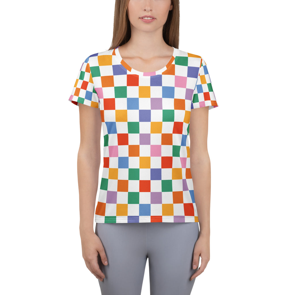 Women’s Colorful Checkerboard Performance Athletic T-Shirt - Lightweight Moisture Wicking Workout Top with UPF 50+
