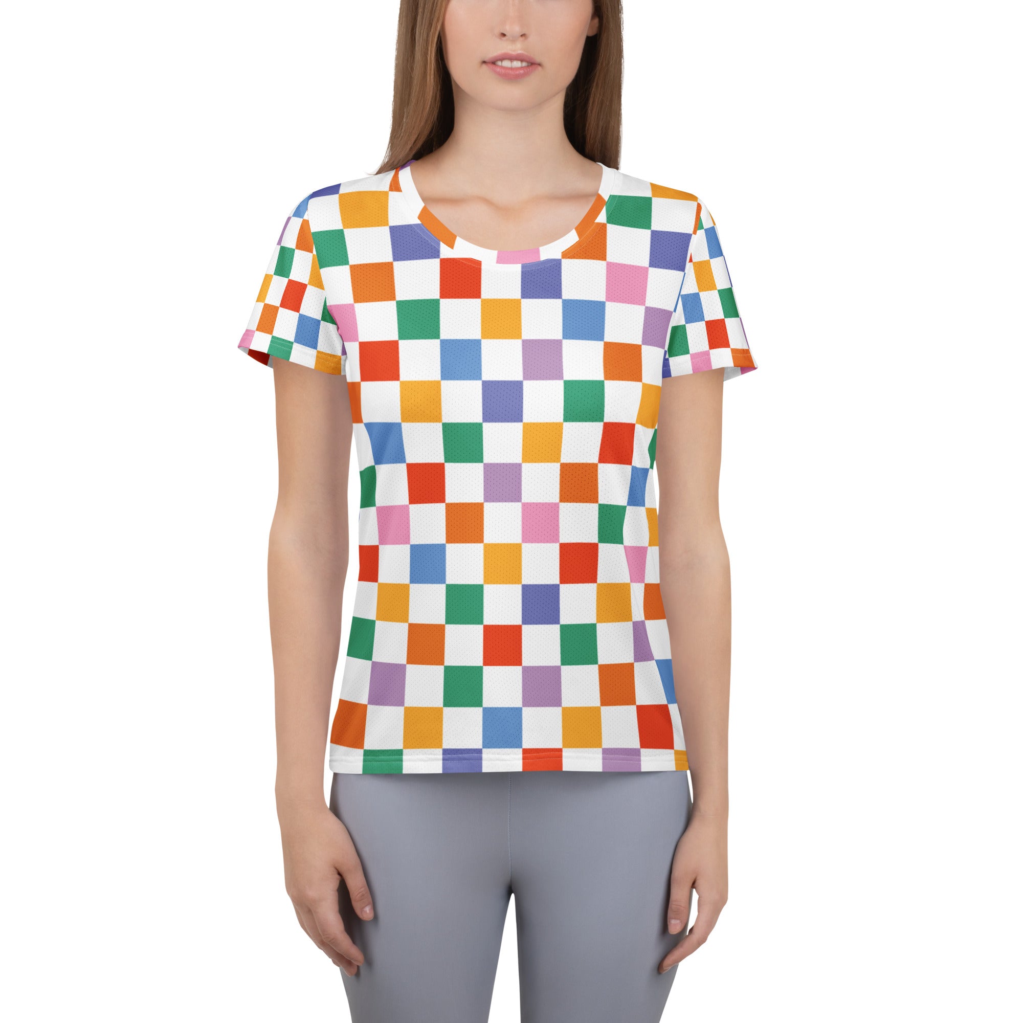 Women’s Colorful Checkerboard Performance Athletic T-Shirt - Lightweight Moisture Wicking Workout Top with UPF 50+