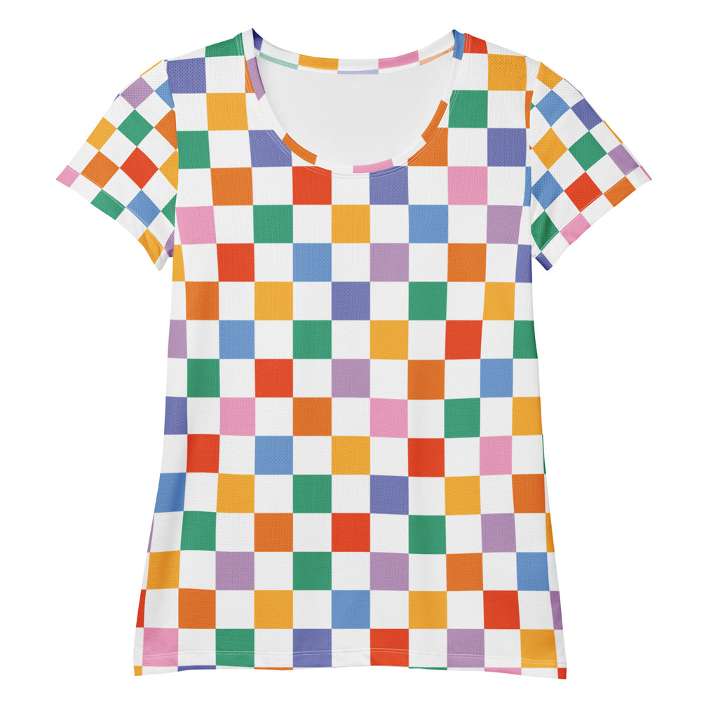 Women’s Colorful Checkerboard Performance Athletic T-Shirt - Lightweight Moisture Wicking Workout Top with UPF 50+