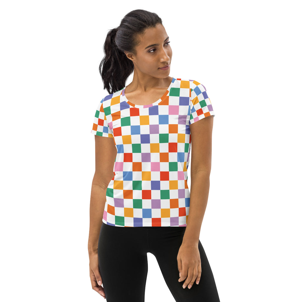 Women’s Colorful Checkerboard Performance Athletic T-Shirt - Lightweight Moisture Wicking Workout Top with UPF 50+