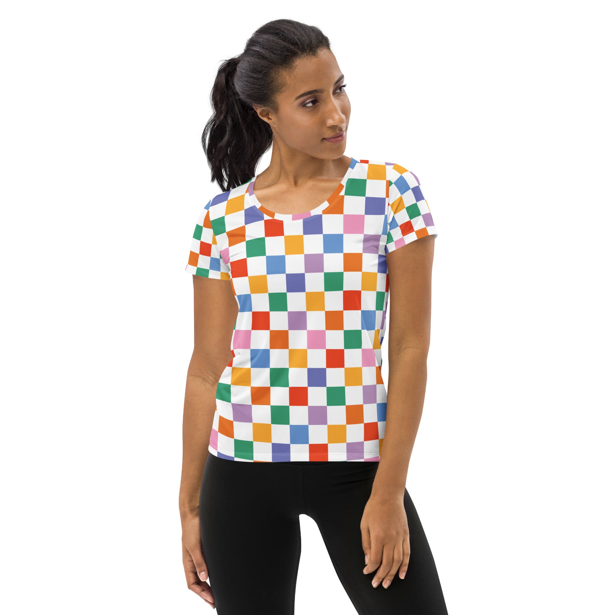 Women’s Colorful Checkerboard Performance Athletic T-Shirt - Lightweight Moisture Wicking Workout Top with UPF 50+