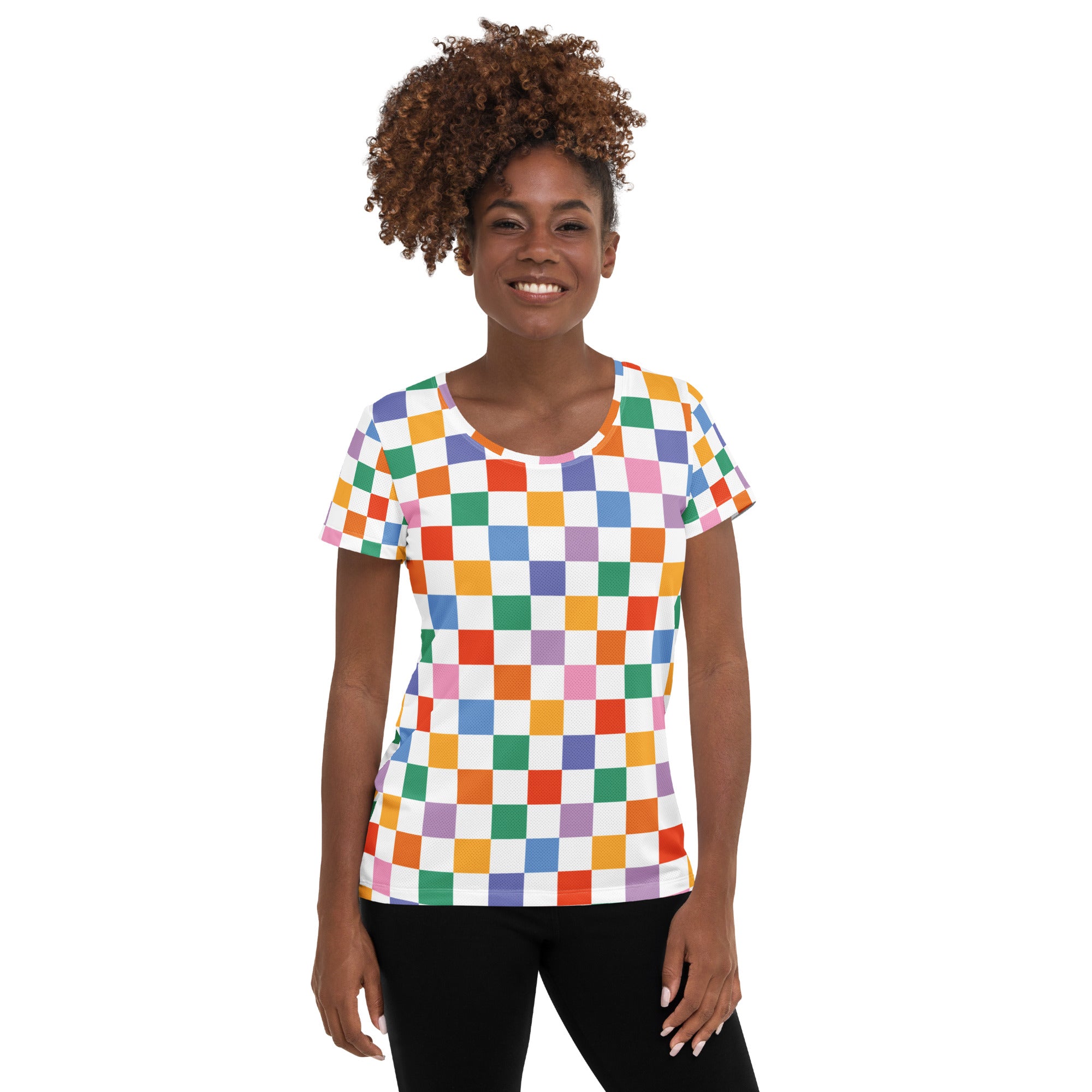 Women’s Colorful Checkerboard Performance Athletic T-Shirt - Lightweight Moisture Wicking Workout Top with UPF 50+