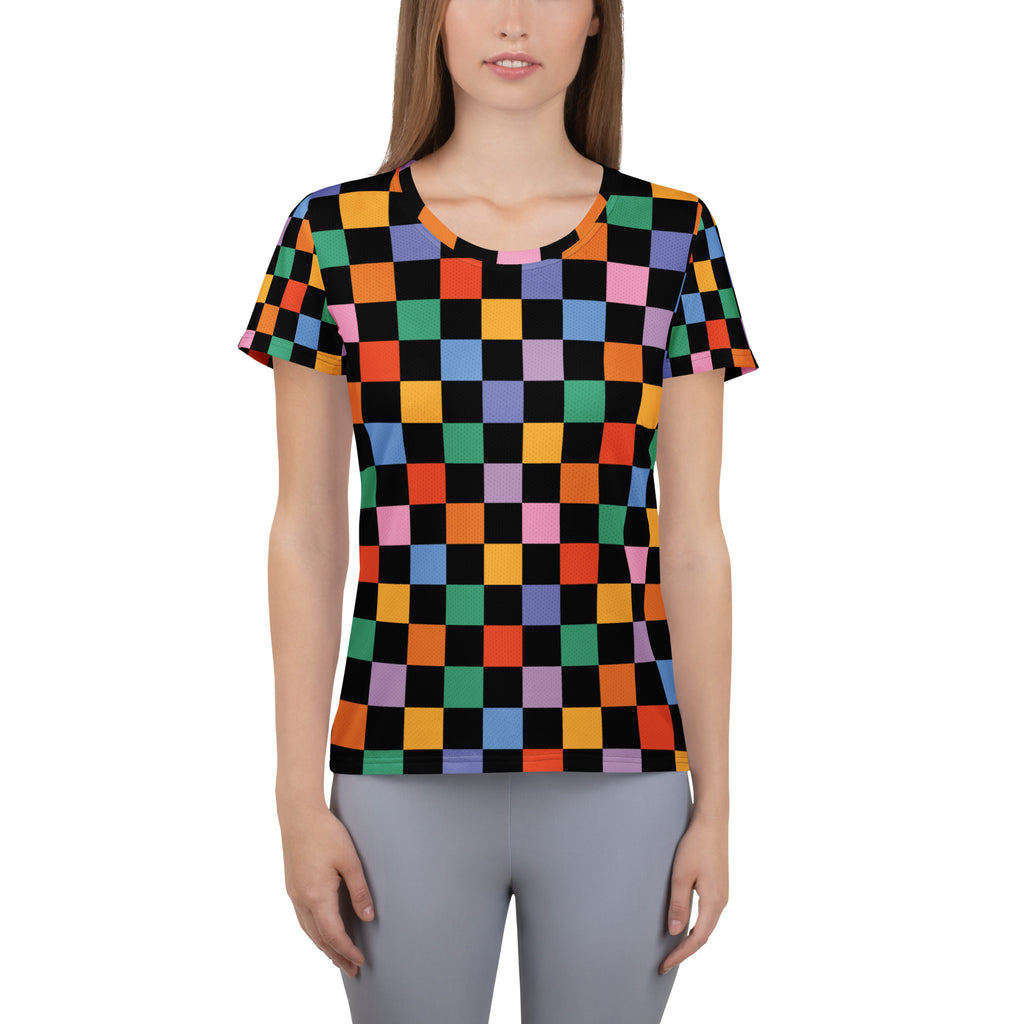 Women’s Colorful Checkerboard Performance Athletic T-Shirt - Lightweight Moisture Wicking Workout Top with UPF 50+