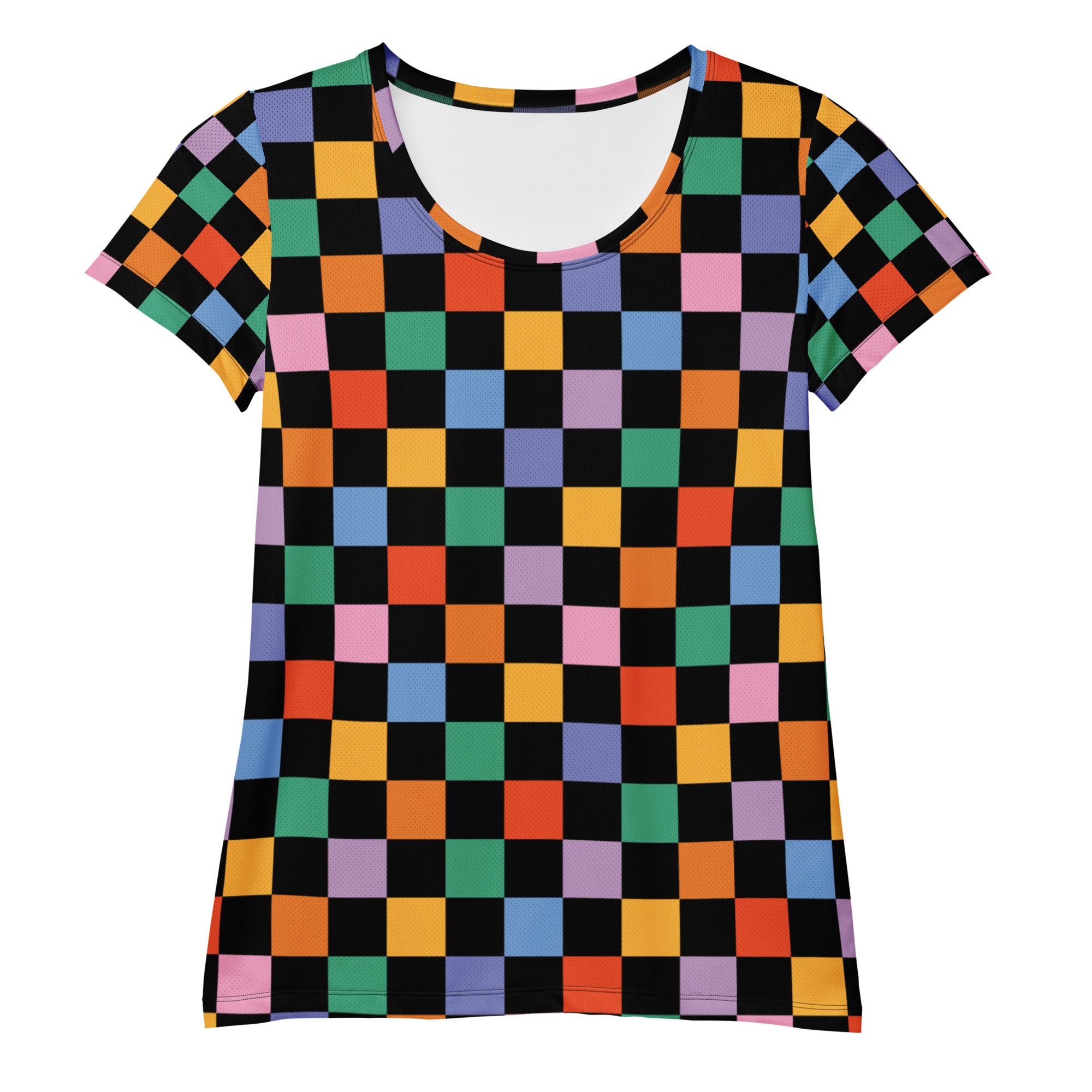 Women’s Colorful Checkerboard Performance Athletic T-Shirt - Lightweight Moisture Wicking Workout Top with UPF 50+