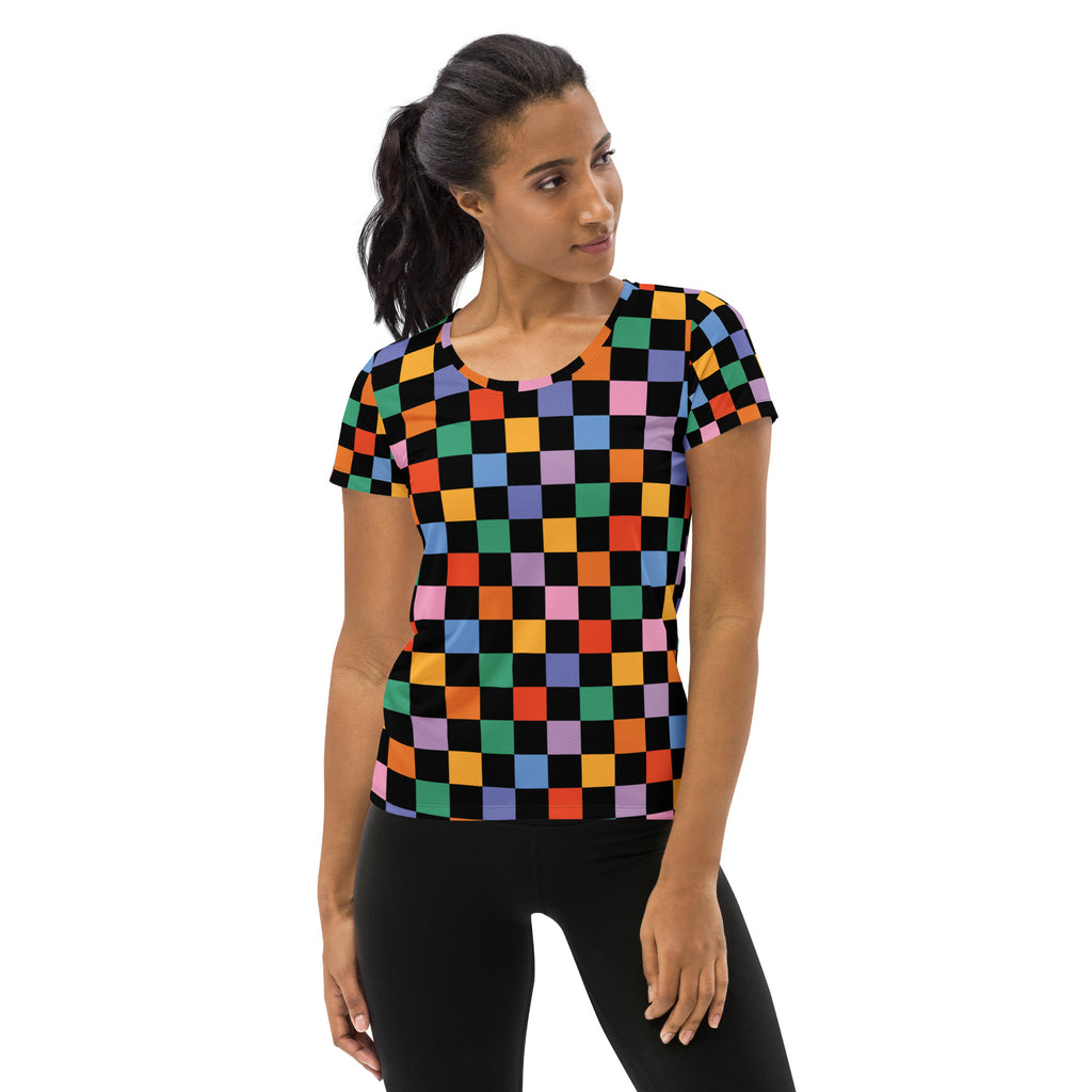 Women’s Colorful Checkerboard Performance Athletic T-Shirt - Lightweight Moisture Wicking Workout Top with UPF 50+