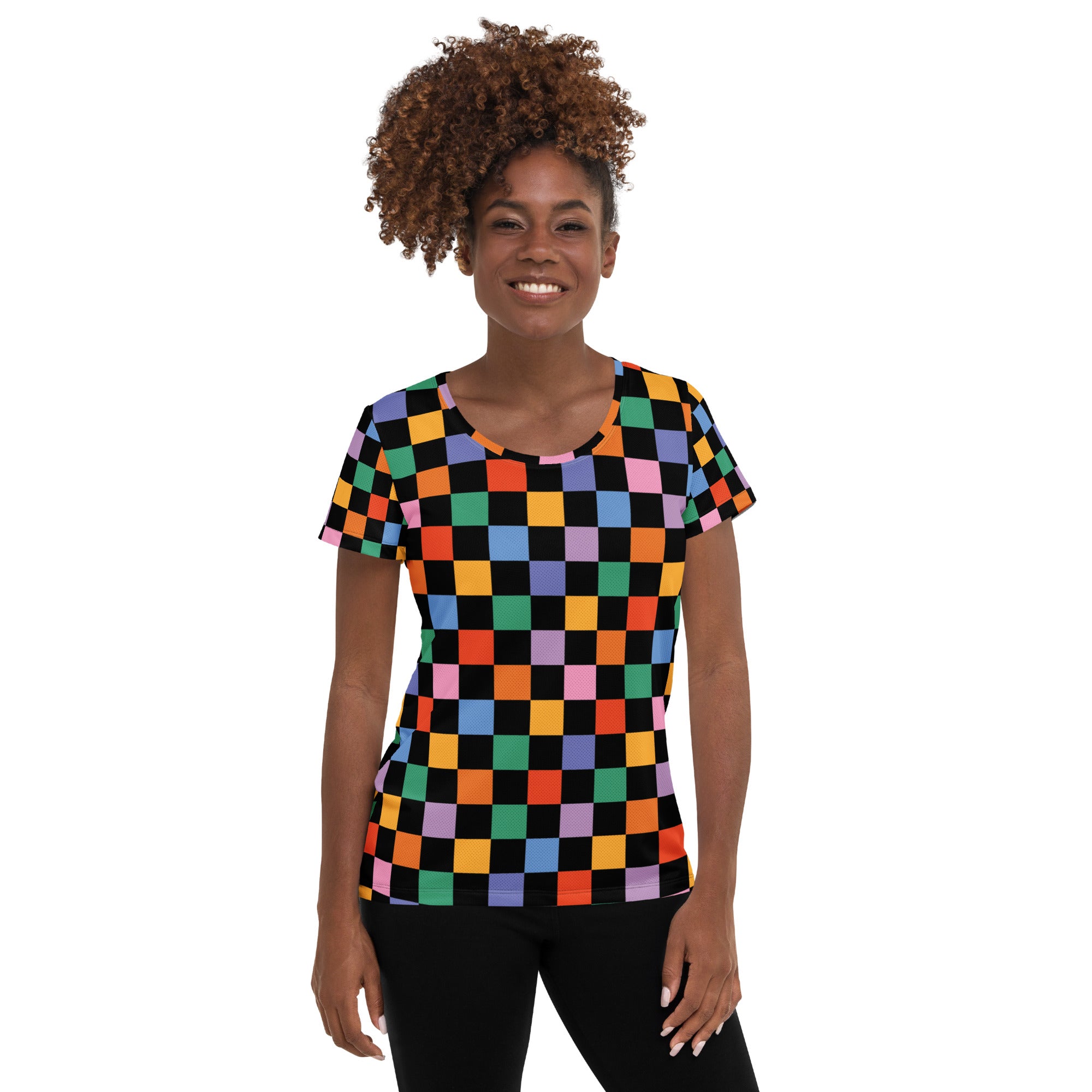 Women’s Colorful Checkerboard Performance Athletic T-Shirt - Lightweight Moisture Wicking Workout Top with UPF 50+