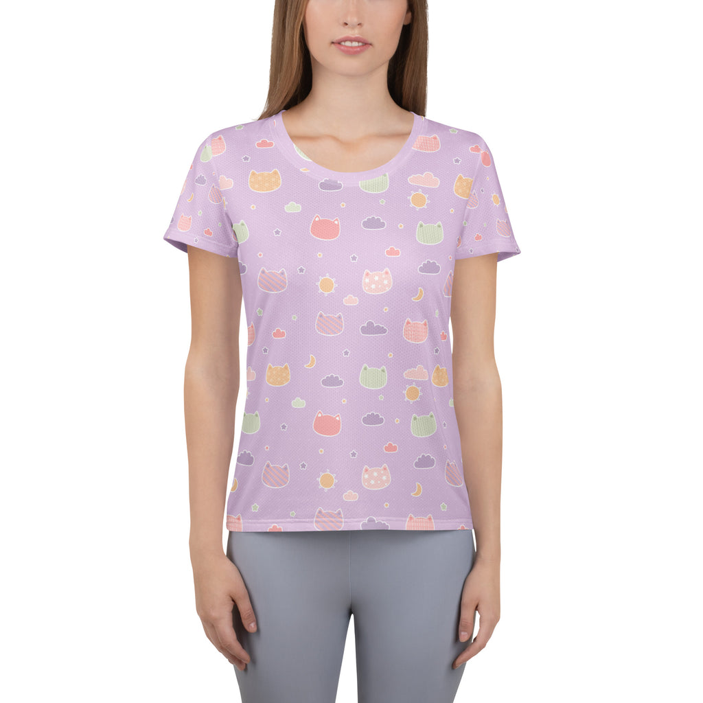 Women’s Pastel Purple Kawaii Cat & Cloud Performance Athletic T-Shirt - Lightweight Moisture Wicking Workout Top with UPF 50+