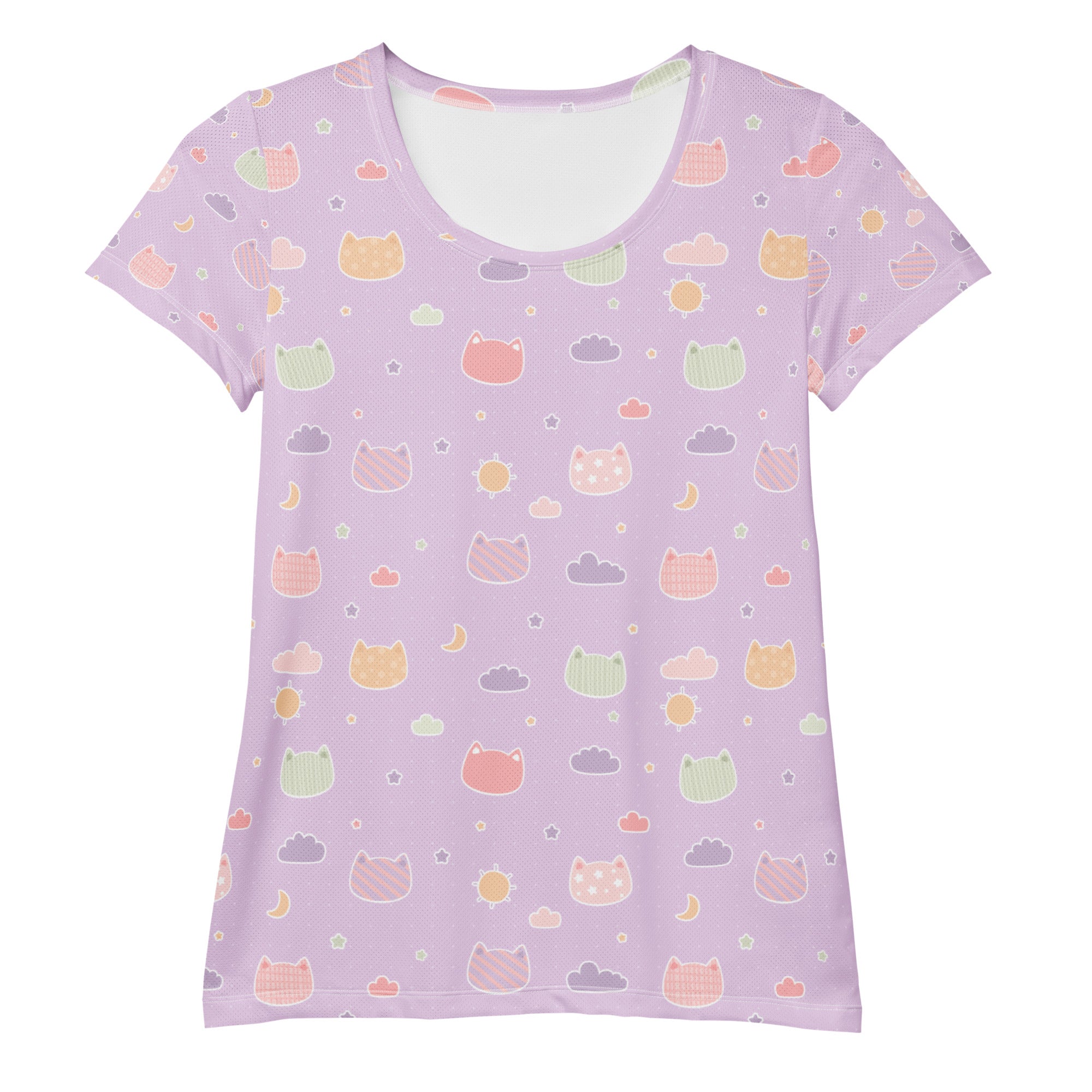 Women’s Pastel Purple Kawaii Cat & Cloud Performance Athletic T-Shirt - Lightweight Moisture Wicking Workout Top with UPF 50+