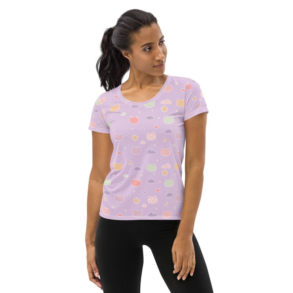 Women’s Pastel Purple Kawaii Cat & Cloud Performance Athletic T-Shirt - Lightweight Moisture Wicking Workout Top with UPF 50+