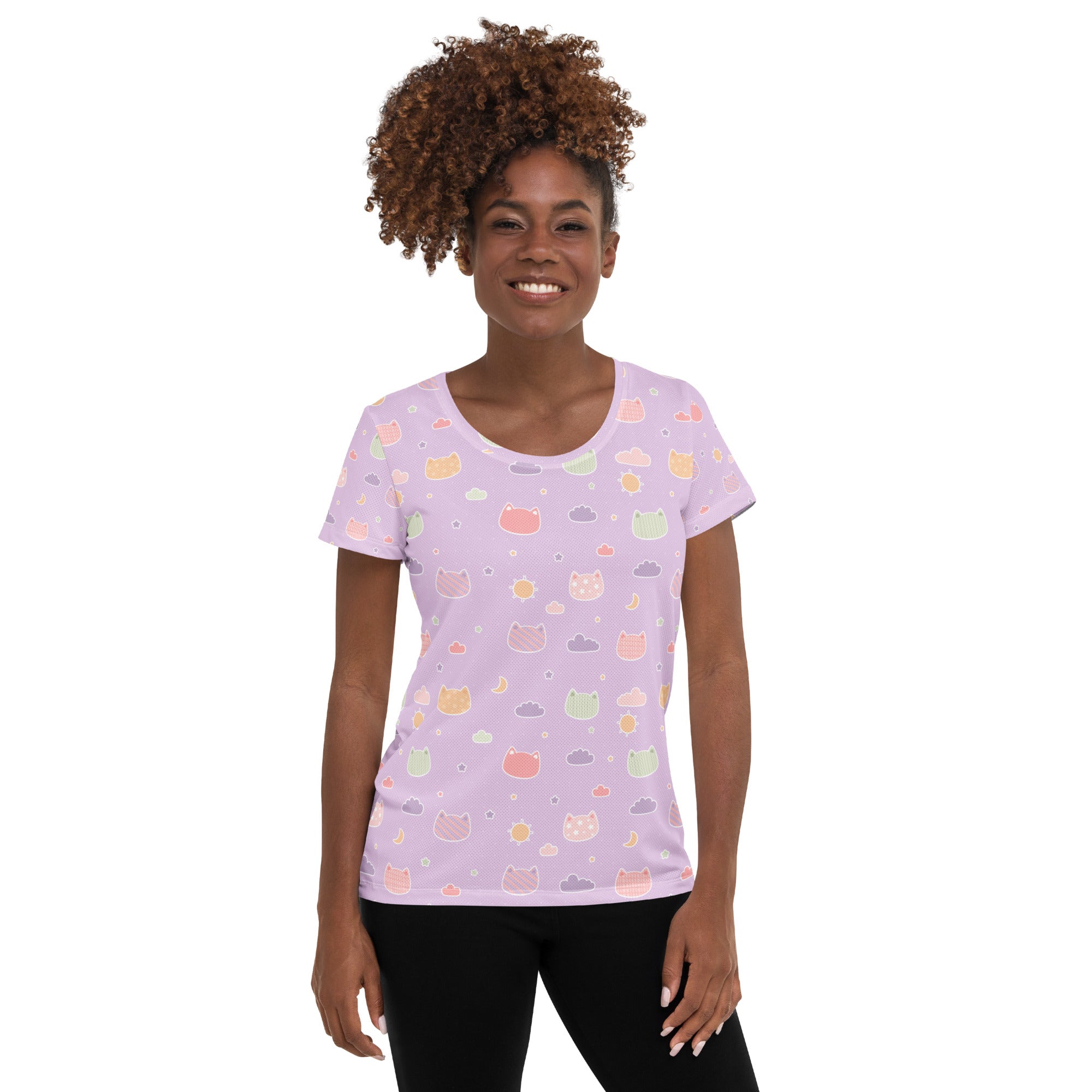 Women’s Pastel Purple Kawaii Cat & Cloud Performance Athletic T-Shirt - Lightweight Moisture Wicking Workout Top with UPF 50+