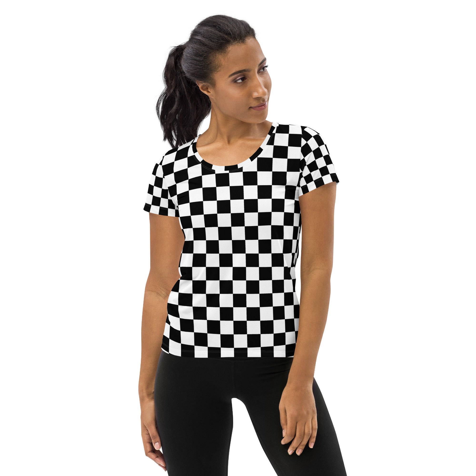 Women’s Checkered Athletic T-Shirt - Lightweight Moisture Wicking Workout Top with UPF 50+