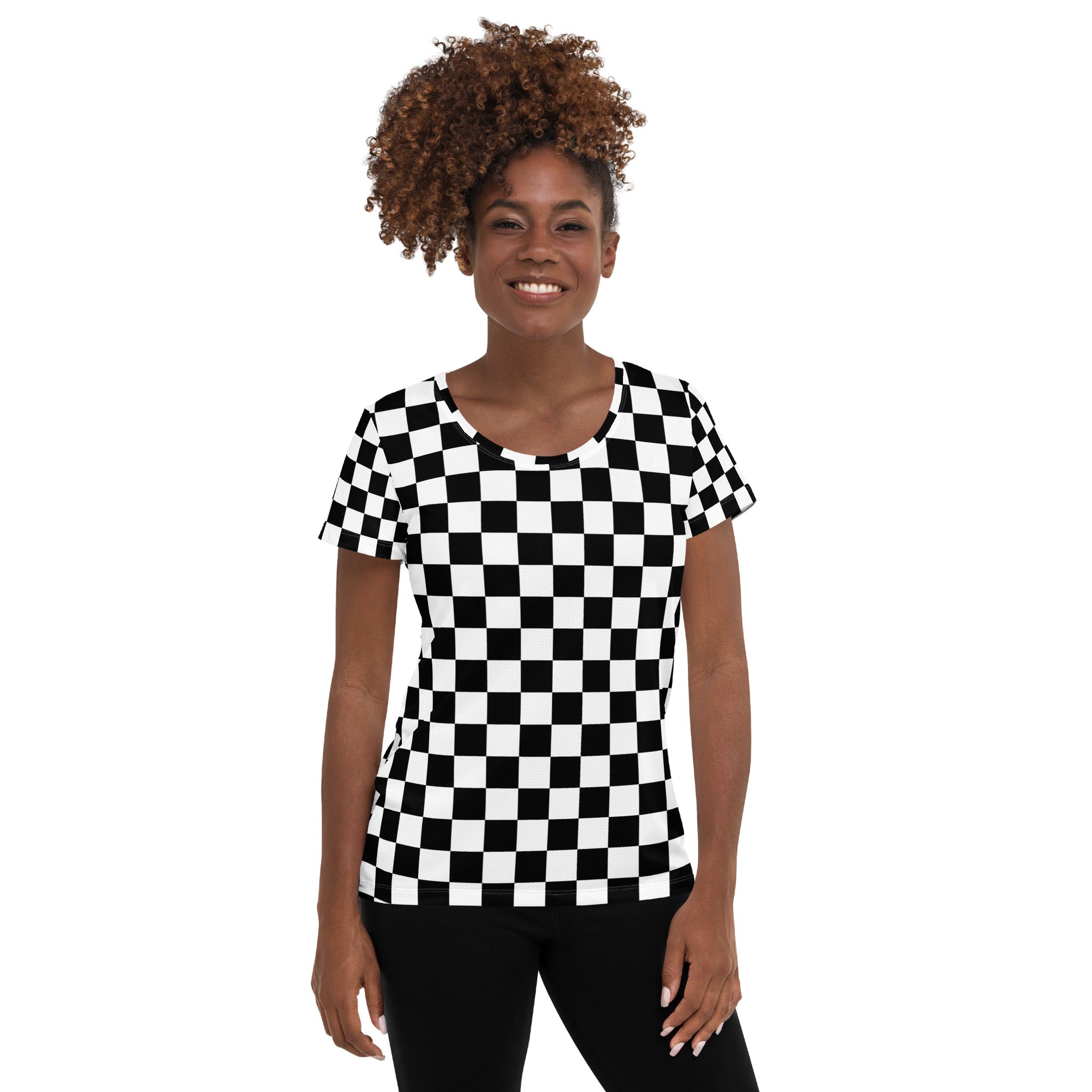 Women’s Checkered Athletic T-Shirt - Lightweight Moisture Wicking Workout Top with UPF 50+