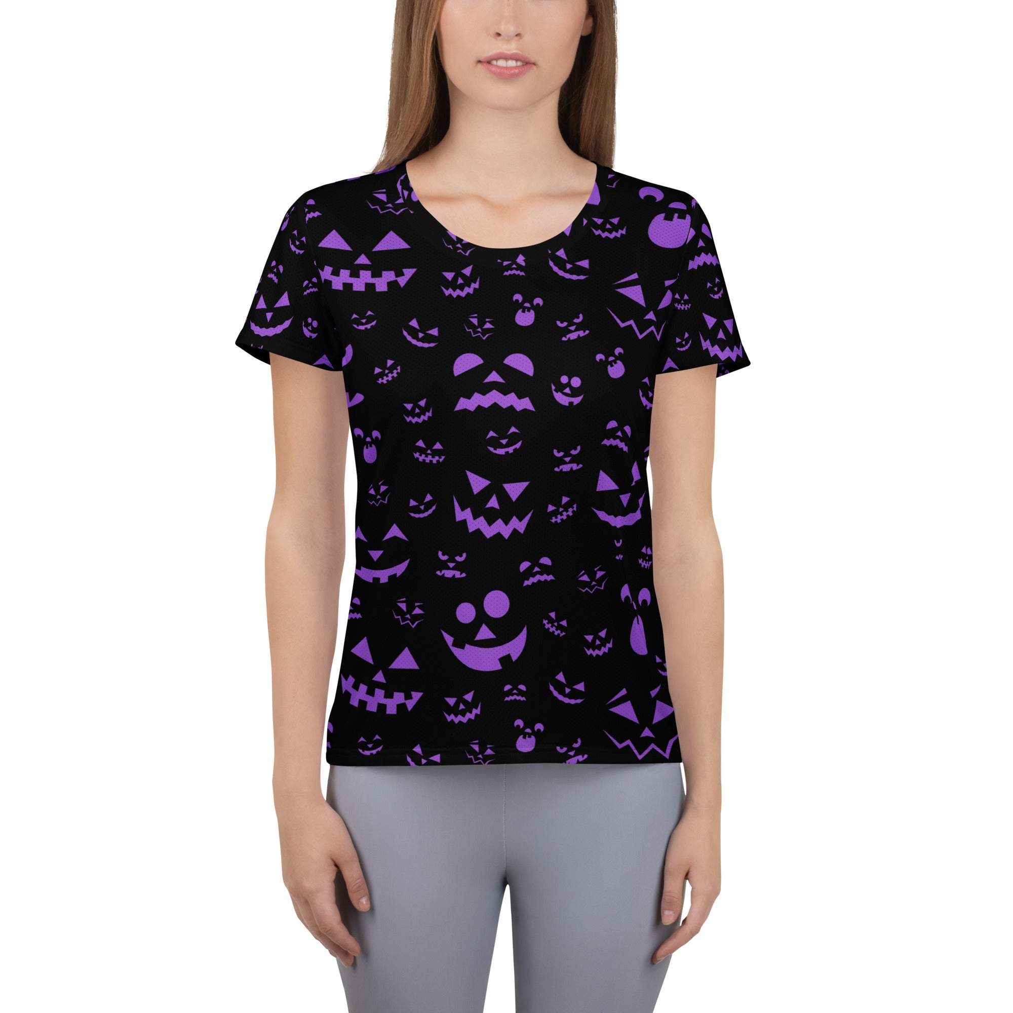 Women’s Purple Jack-O'-Lantern Athletic T-Shirt - Lightweight Moisture Wicking Workout Top with UPF 50+