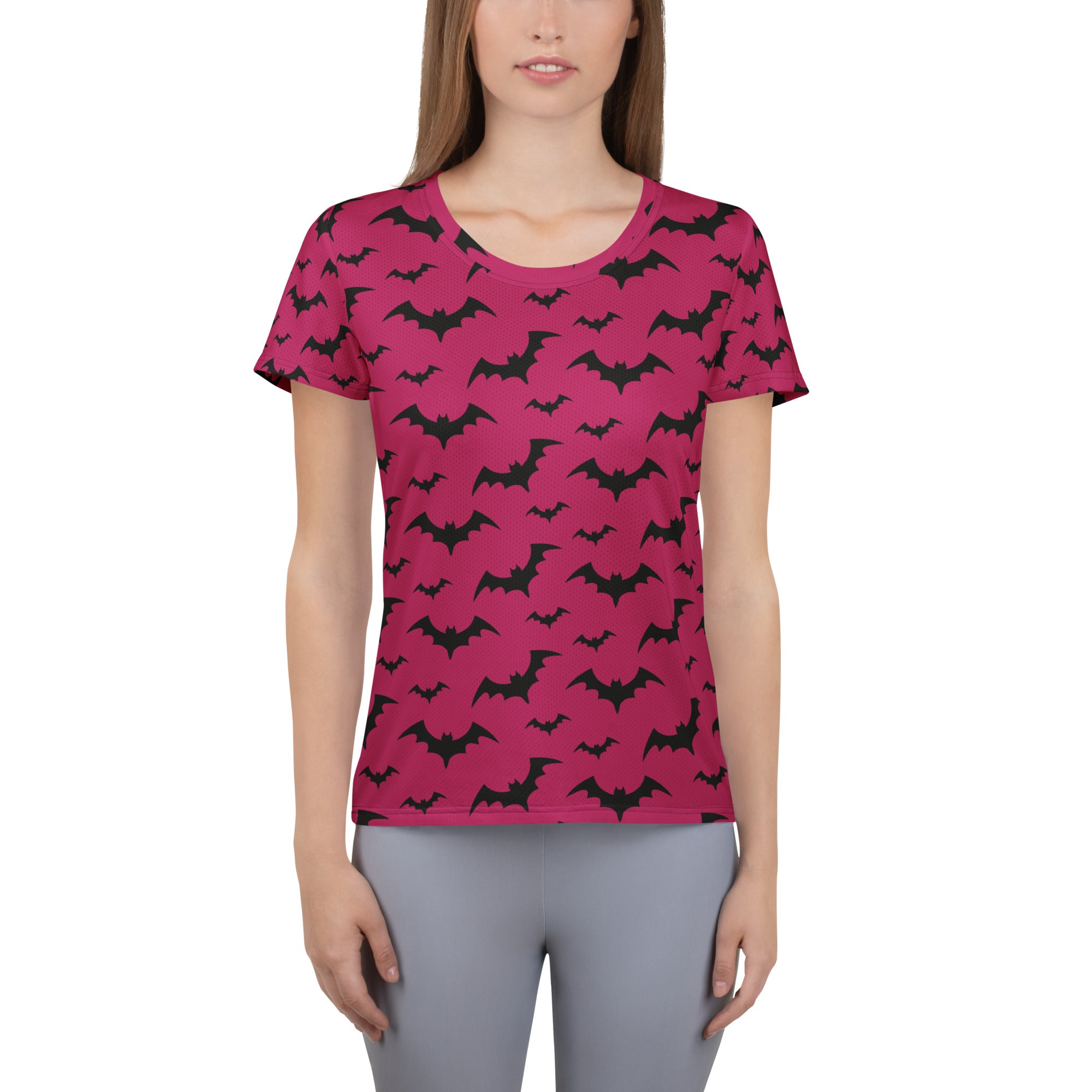 Women’s Dark Pink Bats Halloween Performance Athletic T-Shirt - Lightweight Moisture Wicking Workout Top with UPF 50+