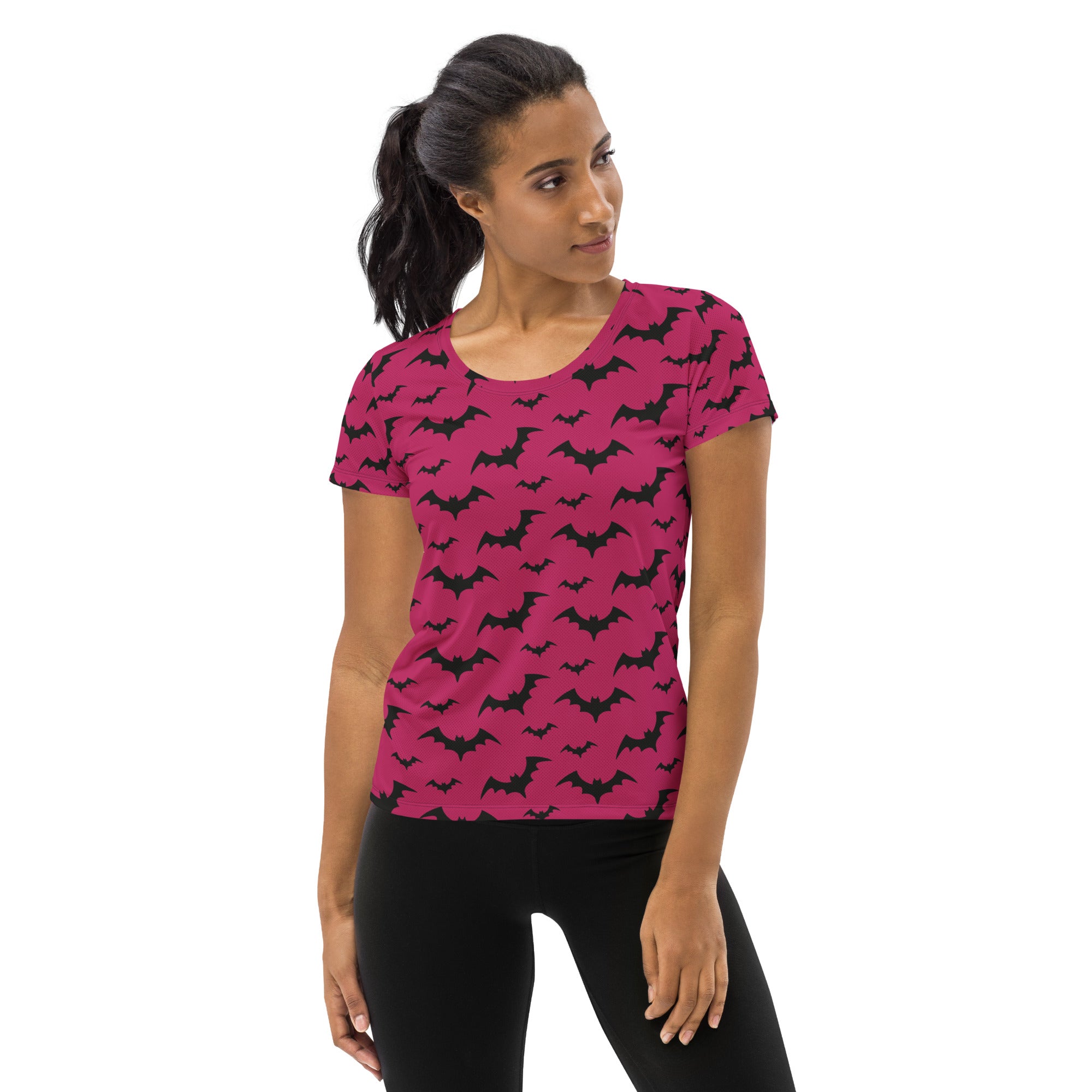Women’s Dark Pink Bats Halloween Performance Athletic T-Shirt - Lightweight Moisture Wicking Workout Top with UPF 50+