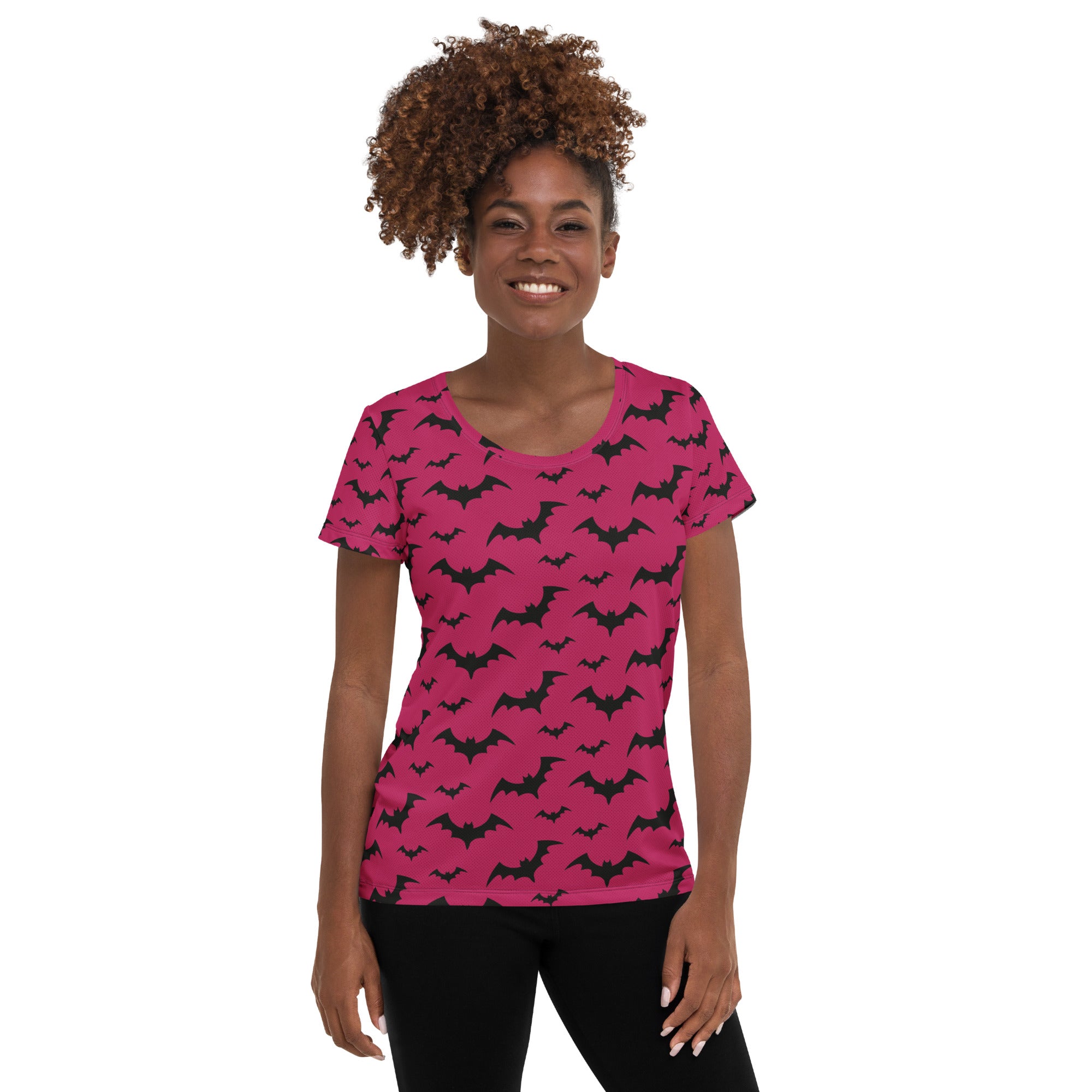 Women’s Dark Pink Bats Halloween Performance Athletic T-Shirt - Lightweight Moisture Wicking Workout Top with UPF 50+