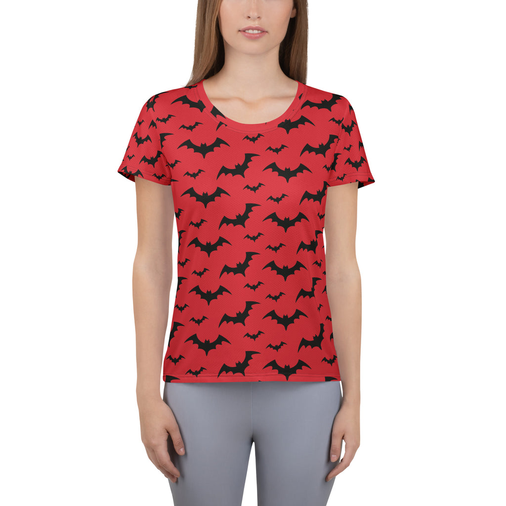 Women’s Red Bats Halloween Performance Athletic T-Shirt - Lightweight Moisture Wicking Workout Top with UPF 50+