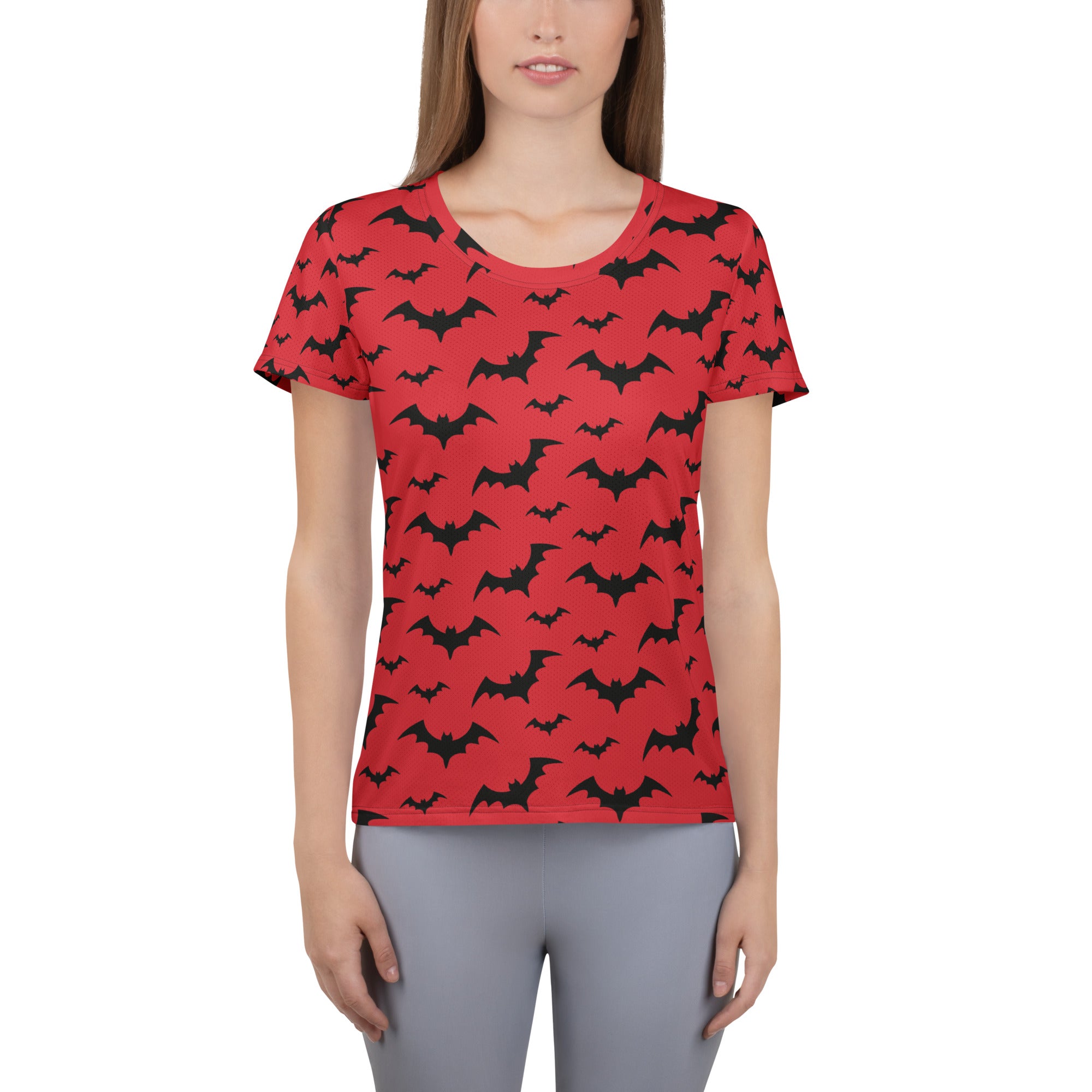 Women’s Red Bats Halloween Performance Athletic T-Shirt - Lightweight Moisture Wicking Workout Top with UPF 50+