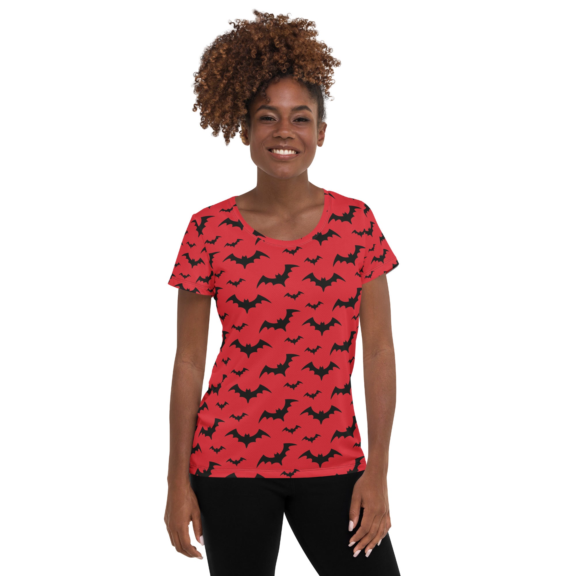 Women’s Red Bats Halloween Performance Athletic T-Shirt - Lightweight Moisture Wicking Workout Top with UPF 50+