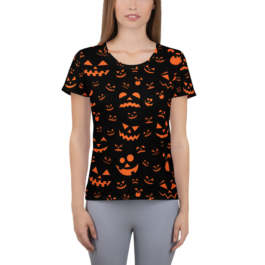 Women’s Orange Jack-O'-Lantern Athletic T-Shirt - Lightweight Moisture Wicking Workout Top with UPF 50+