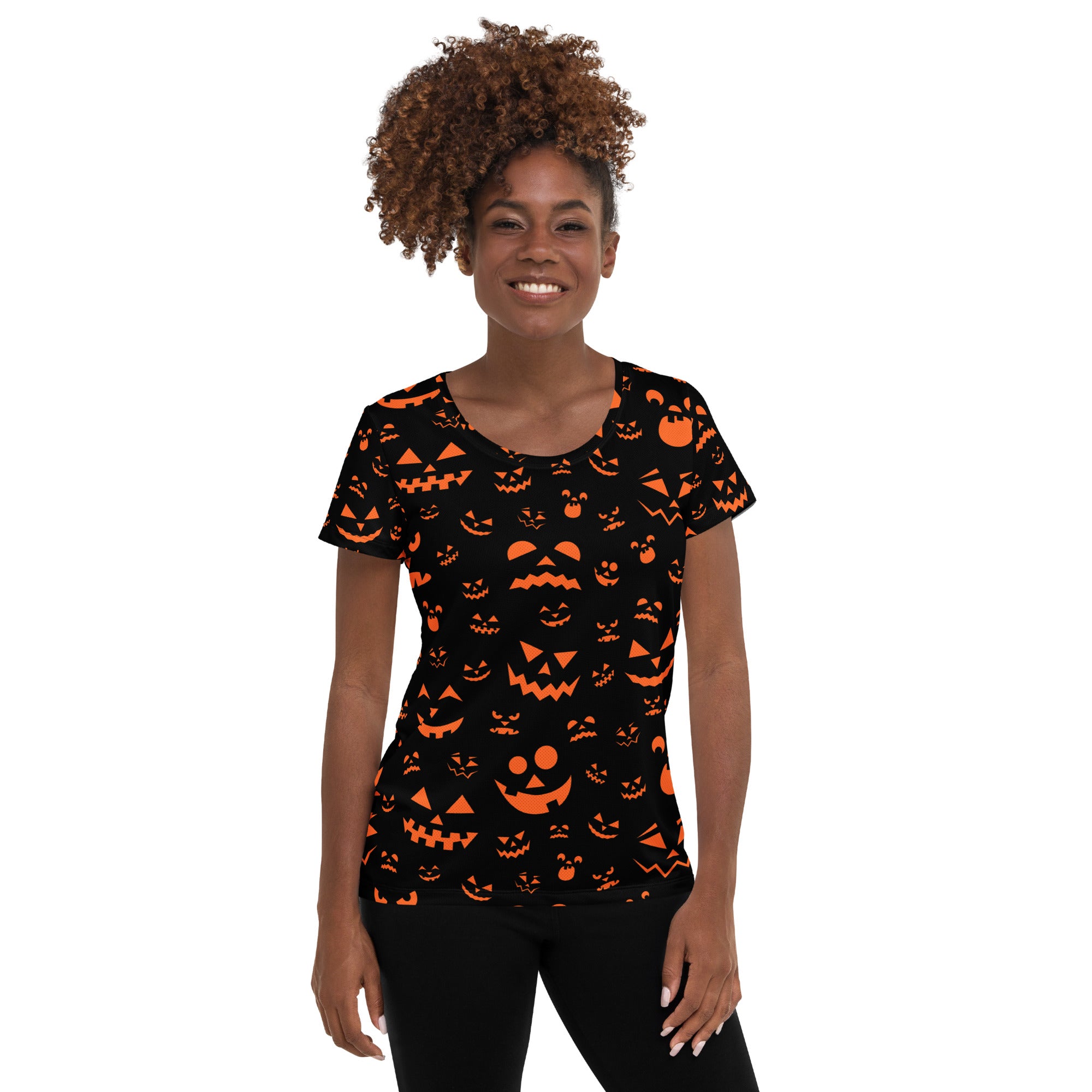 Women’s Orange Jack-O'-Lantern Athletic T-Shirt - Lightweight Moisture Wicking Workout Top with UPF 50+