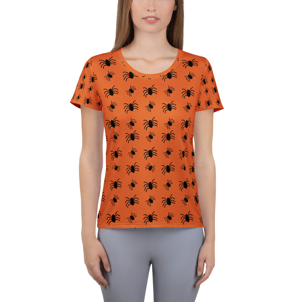 Women’s Orange Spider Halloween Athletic T-Shirt - Lightweight Moisture Wicking Workout Top with UPF 50+