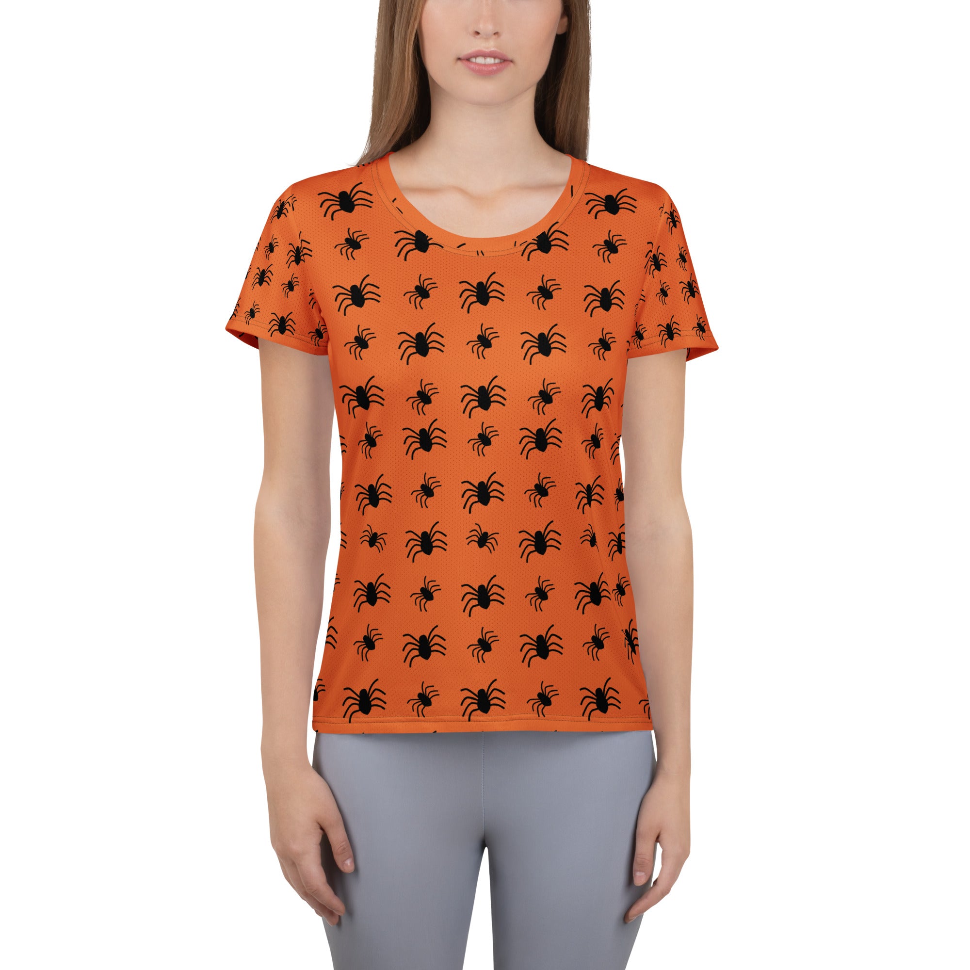 Women’s Orange Spider Halloween Athletic T-Shirt - Lightweight Moisture Wicking Workout Top with UPF 50+
