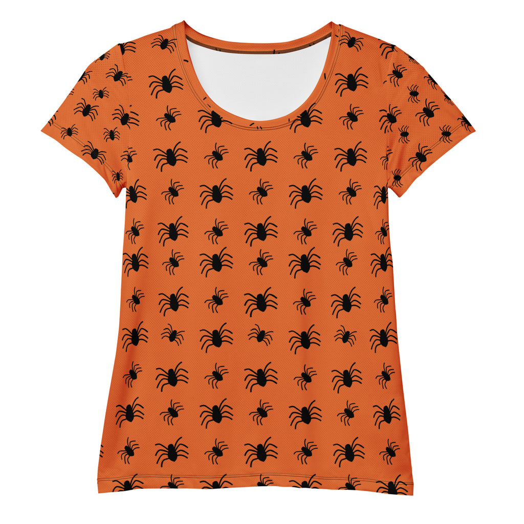 Women’s Orange Spider Halloween Athletic T-Shirt - Lightweight Moisture Wicking Workout Top with UPF 50+