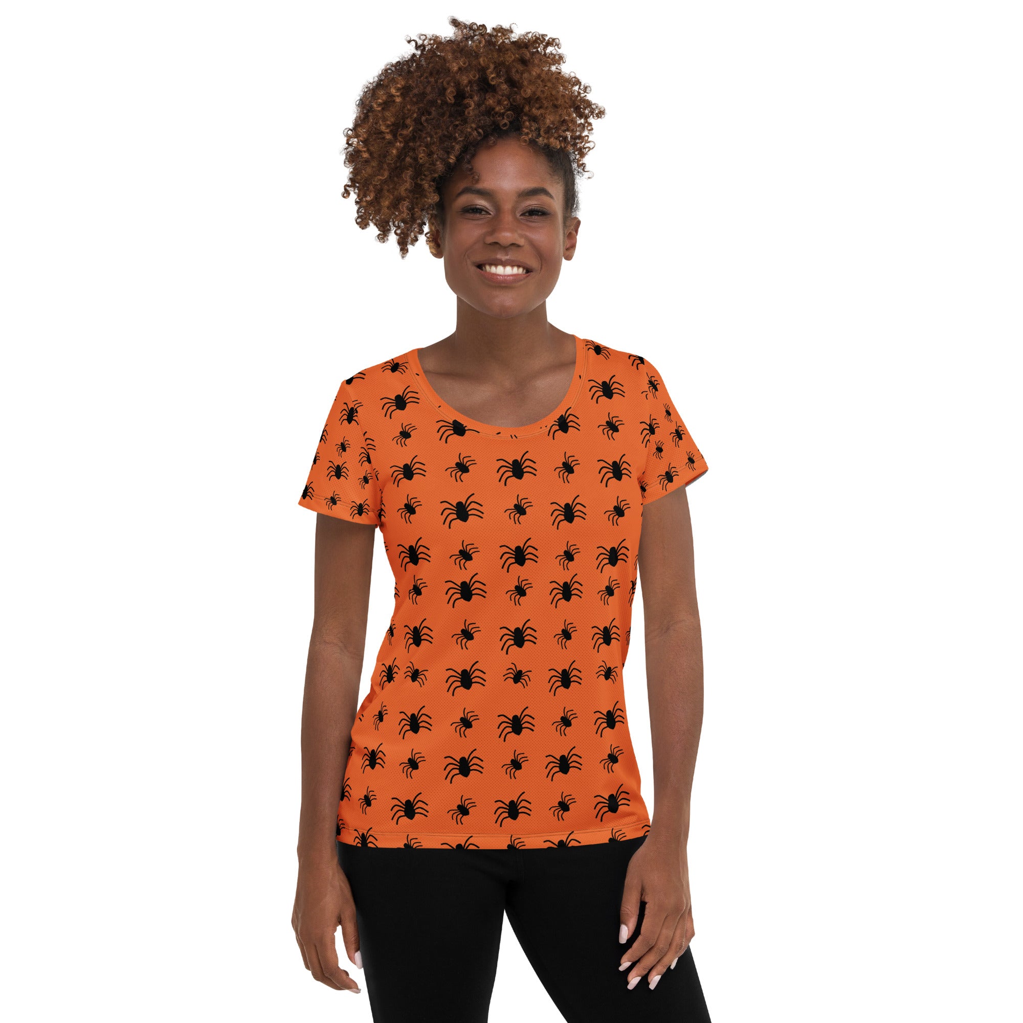 Women’s Orange Spider Halloween Athletic T-Shirt - Lightweight Moisture Wicking Workout Top with UPF 50+