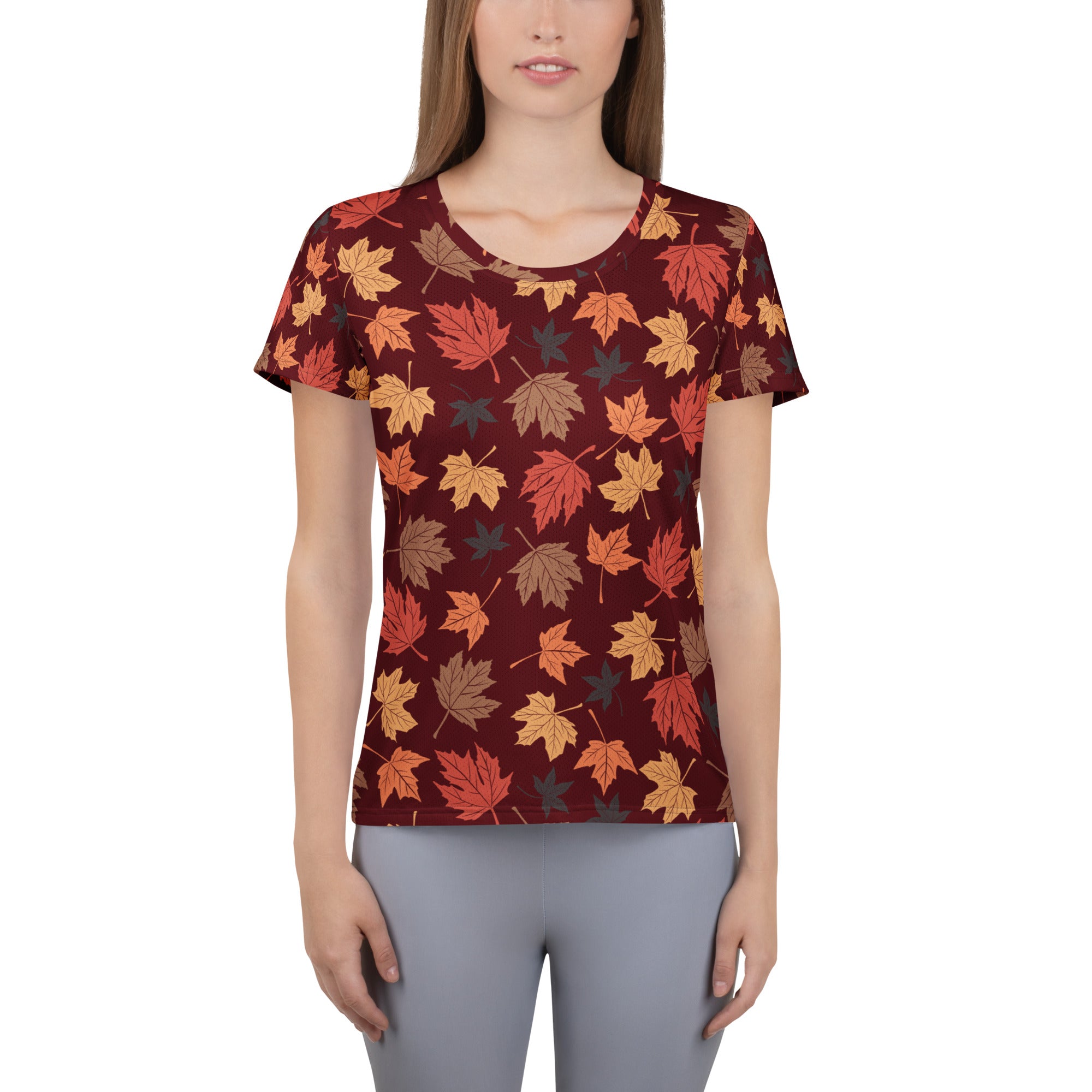 Women’s Autumn Maple Leaves Athletic T-Shirt - Lightweight Moisture Wicking Workout Top with UPF 50+