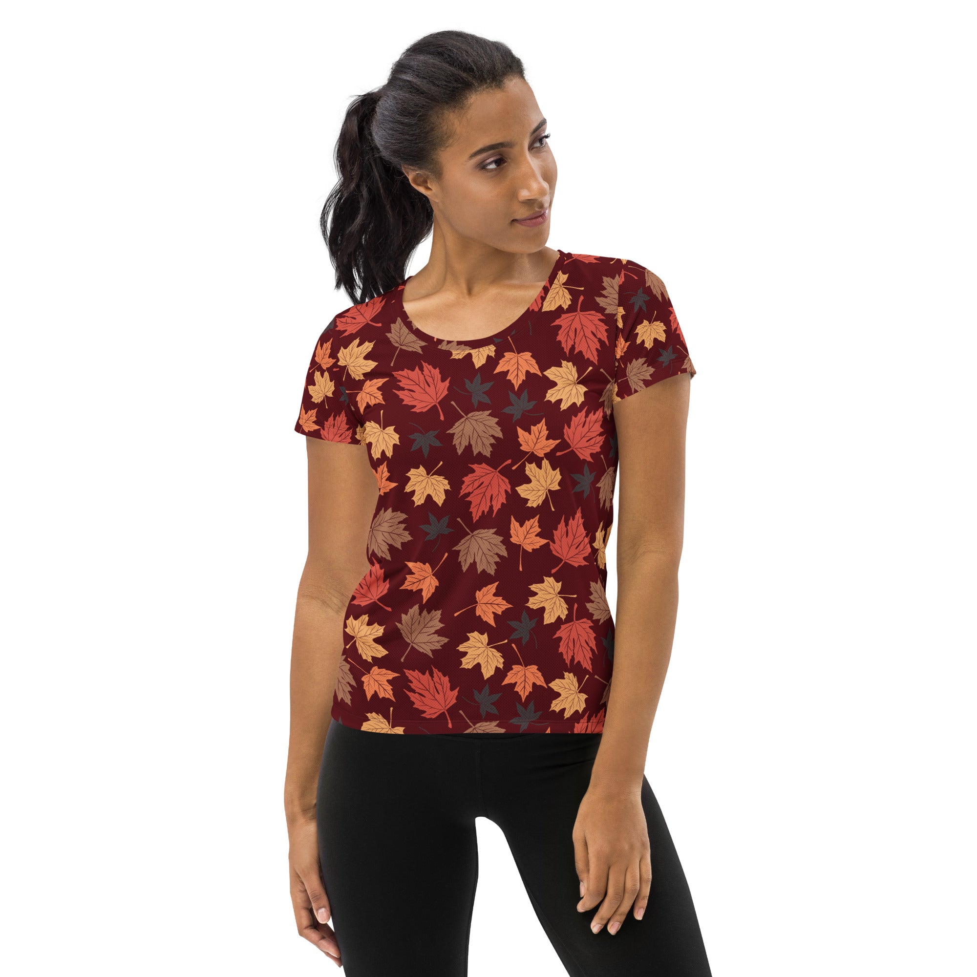 Women’s Autumn Maple Leaves Athletic T-Shirt - Lightweight Moisture Wicking Workout Top with UPF 50+
