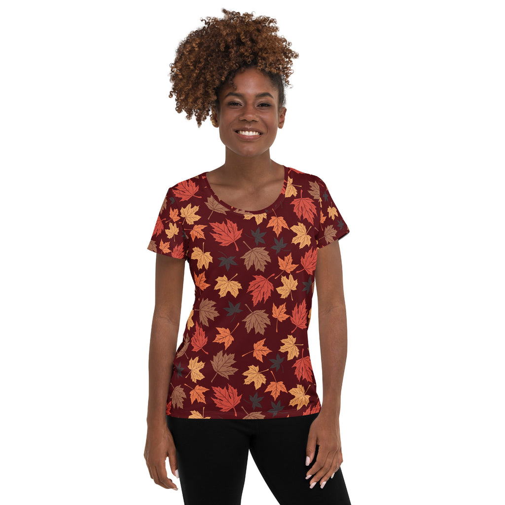 Women’s Autumn Maple Leaves Athletic T-Shirt - Lightweight Moisture Wicking Workout Top with UPF 50+