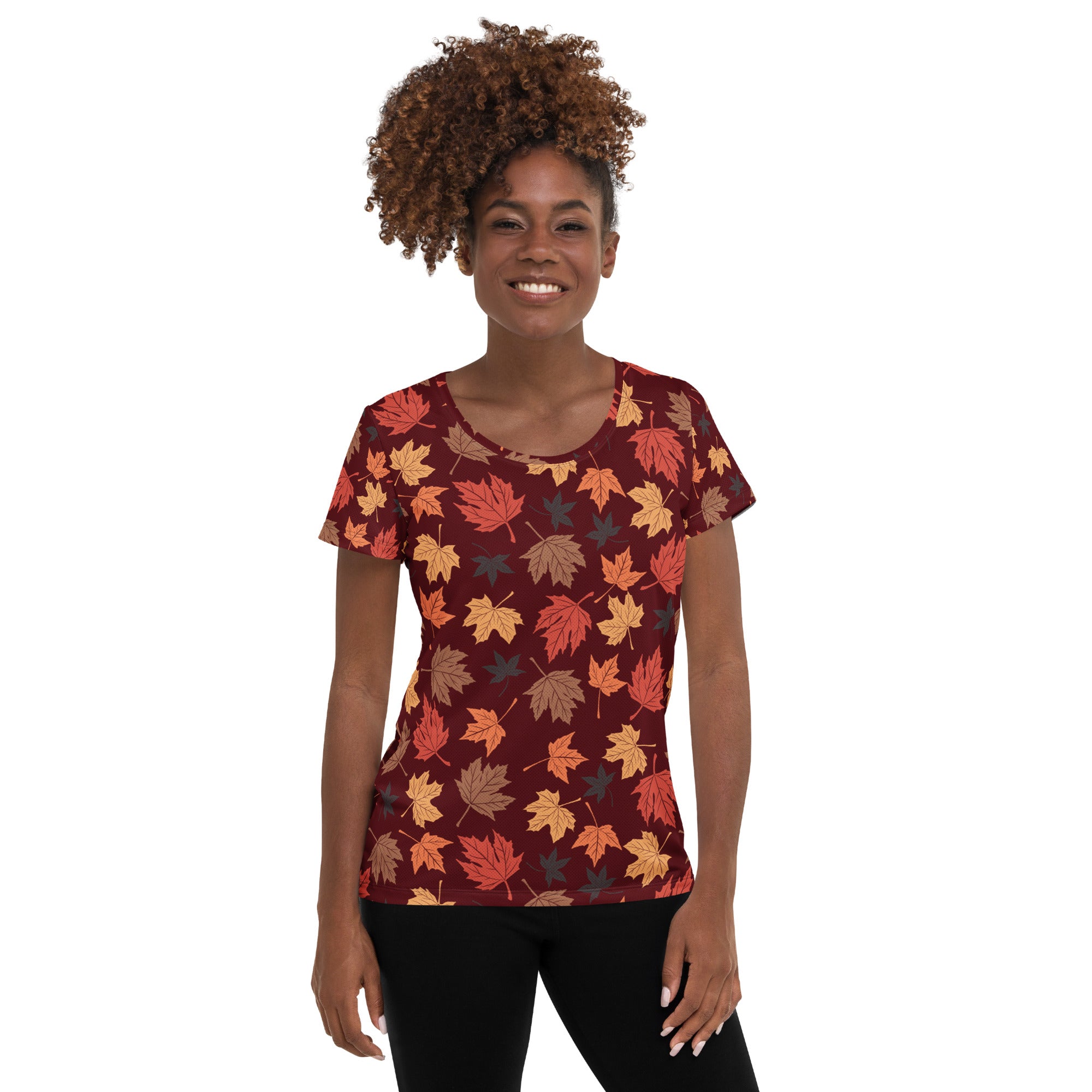 Women’s Autumn Maple Leaves Athletic T-Shirt - Lightweight Moisture Wicking Workout Top with UPF 50+