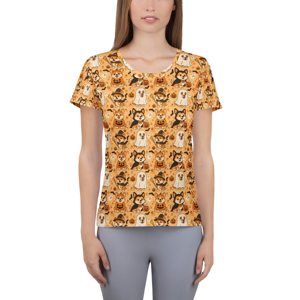 Women’s Corgi Halloween Athletic T-Shirt - Lightweight Moisture Wicking Workout Top with UPF 50+