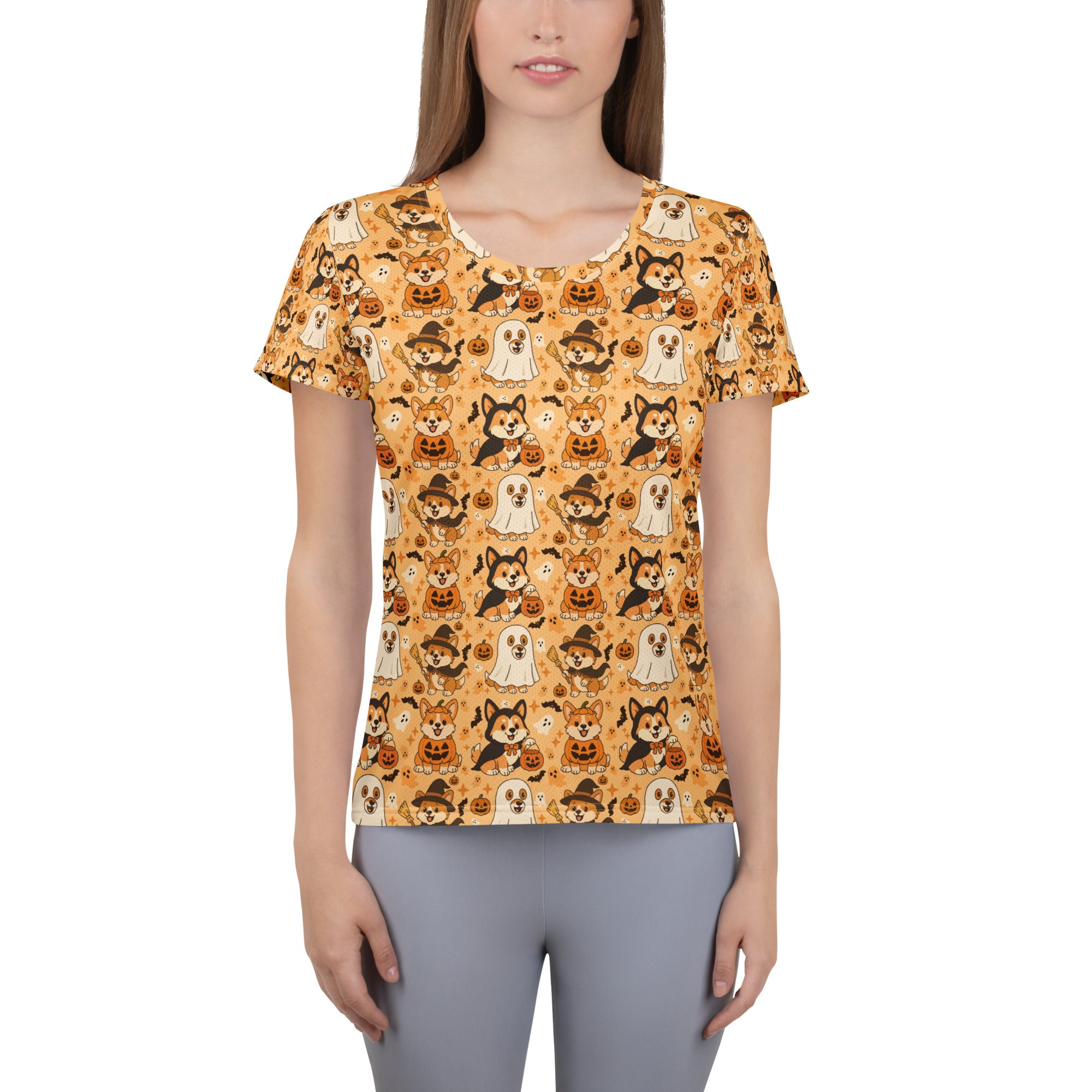 Women’s Corgi Halloween Athletic T-Shirt - Lightweight Moisture Wicking Workout Top with UPF 50+